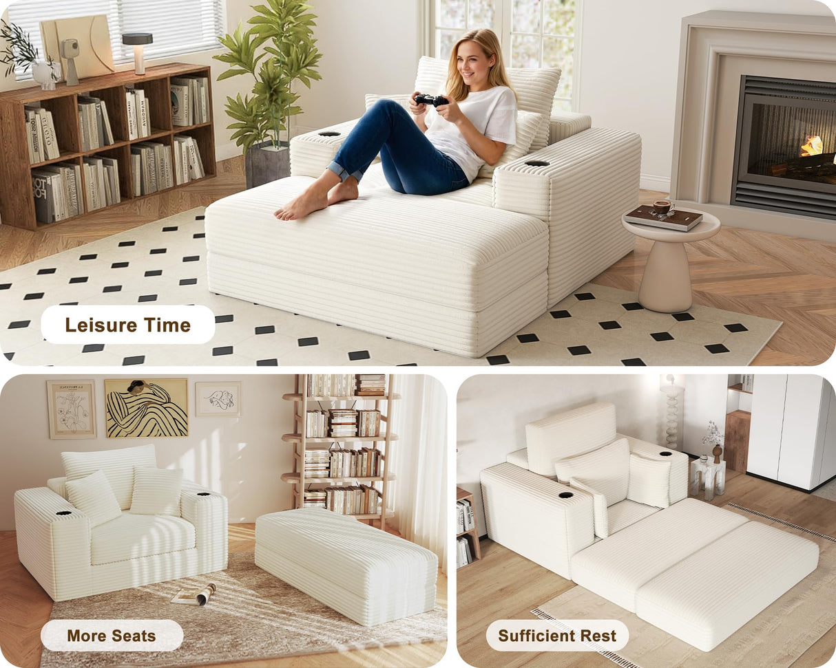Busaurus 62" Oversized Chaise Lounge Chair Indoor, Fluffy Corduroy Upholstered Boneless Couch, Convertible Sleeper Sofa Bed & Reading Chair, Cloud Sofa Couches for Living Room, No Assembly, Beige Busaurus