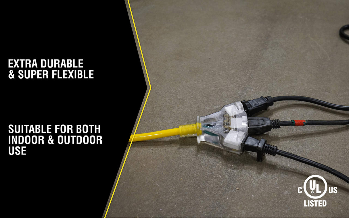 Yellow Jacket Heavy Duty Extension Cord, 50Ft, 12 Gauge, 3 Conductor, Lighted End, 3-Outlet, Weather Resistant, SJTW, Yellow, 2827 Yellow Jacket