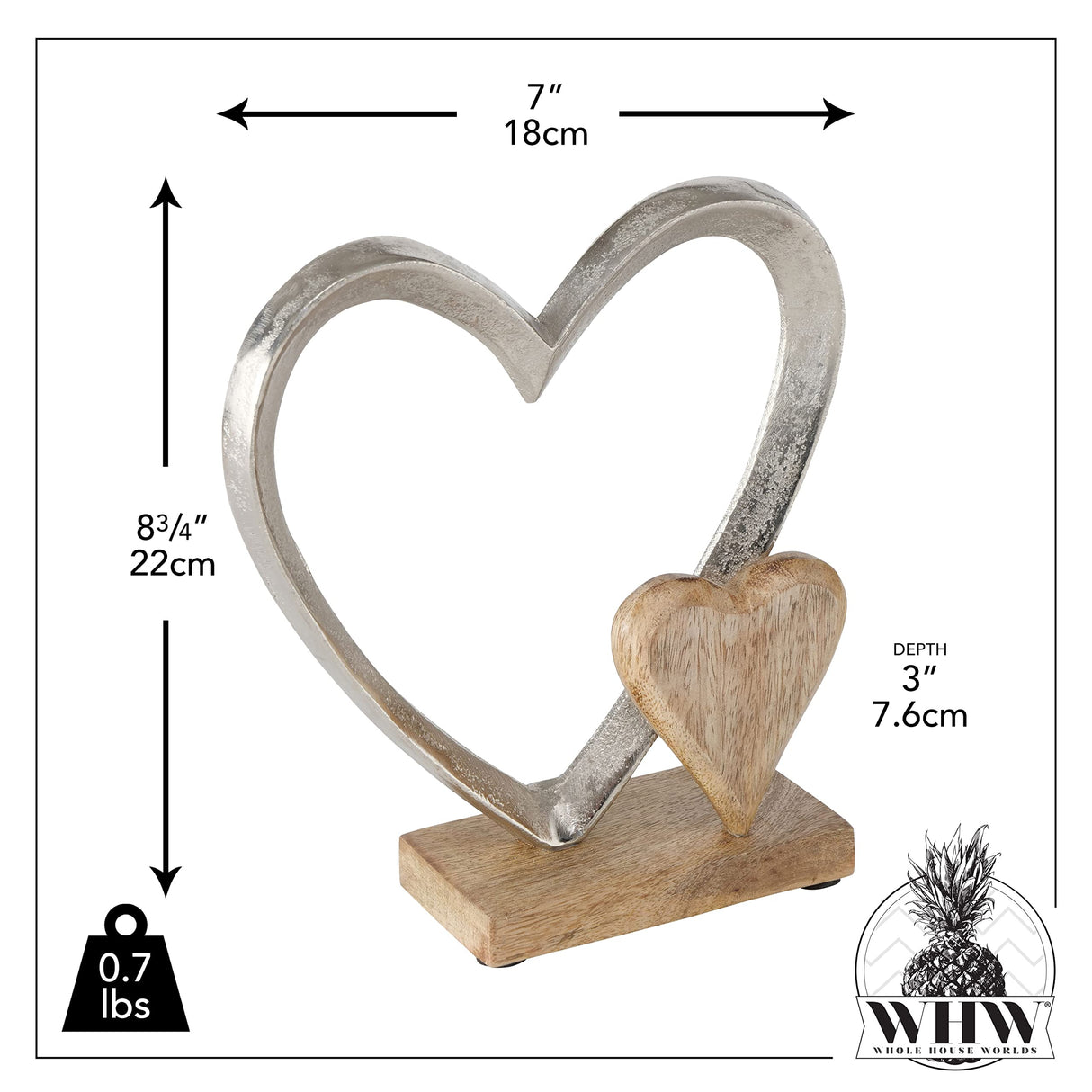 WHW Whole House Worlds Eternity Double Heart Figurine, Hand Cast Silver Aluminum, 8.75 Inches, Mango Wood Accents, Gallery Base WHW Whole House Worlds