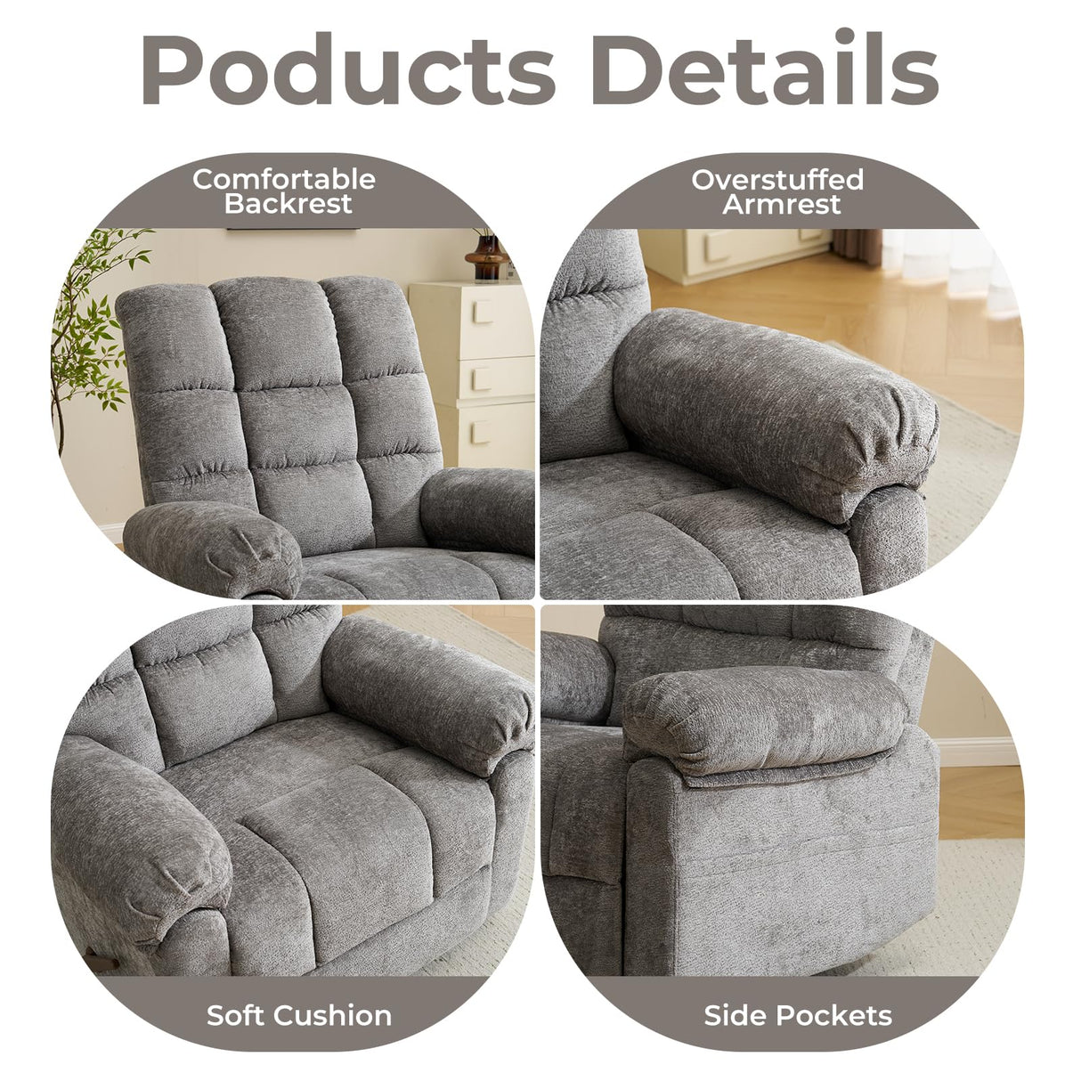 Rhevoy Swivel Rocker Recliner Chair with Heat and Massage, 26" Wide Oversized Rocker Recliner with Overstuffed Backrest,Swivel Glider Recliner for Living Room,Grey Rhevoy