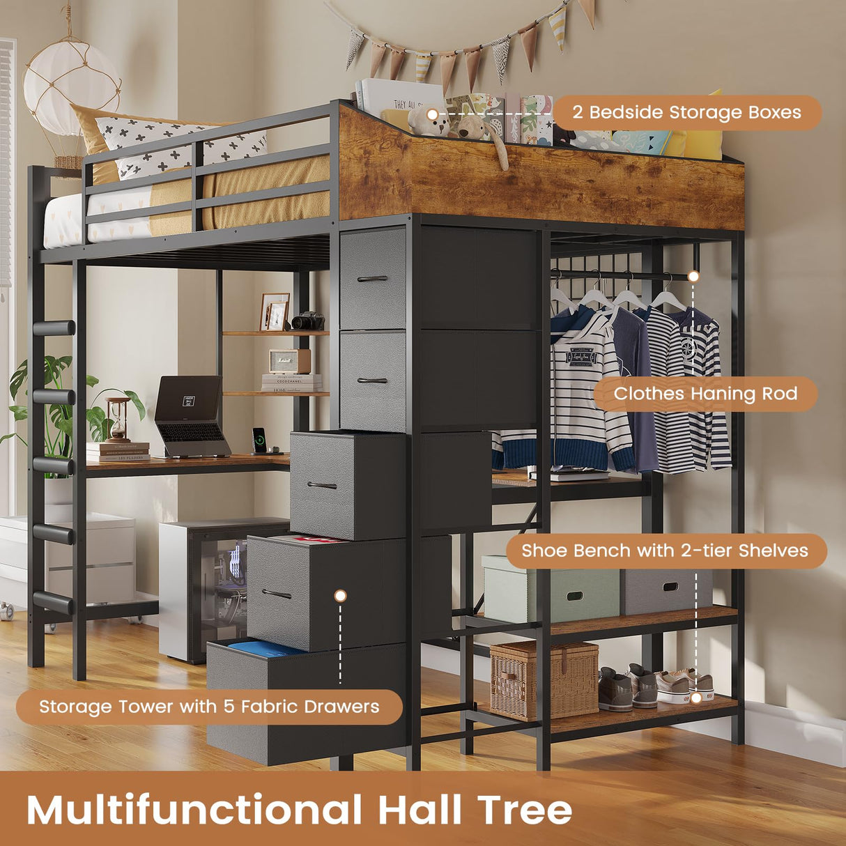 VIAGDO Loft Bed Twin Size with Hall Tree, Charging Station and LED Lights, Metal Loft Bed with L-Shaped Desk, 5 Storage Drawers, Heavy Duty Twin Size Bed with Stairs, No Box Spring Needed, Black VIAGDO