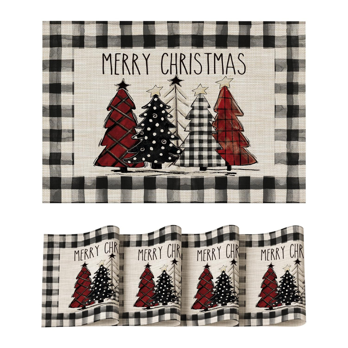 Artoid Mode Merry Christmas Trees Vinyl Placemats Set of 4, 12x18 Inch Black Buffalo Plaid Washable Heat Resistant Plastic Woven Table Mats for Party Dining Decor Artoid Mode