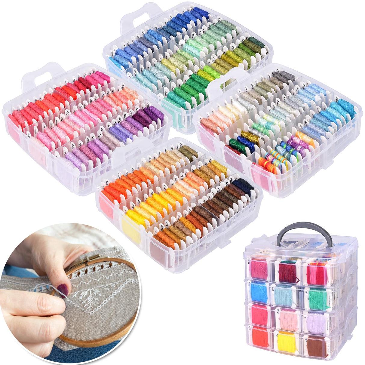 VICOVI Embroidery Thread Kit Including 200 Skeins Embroidery Floss 30 Skeins White & Black Embroidery Thread Cross Stitch Tool for Friendship Bracelets Arts DIY Crafts with 4-Tier Transparent Box VICOVI