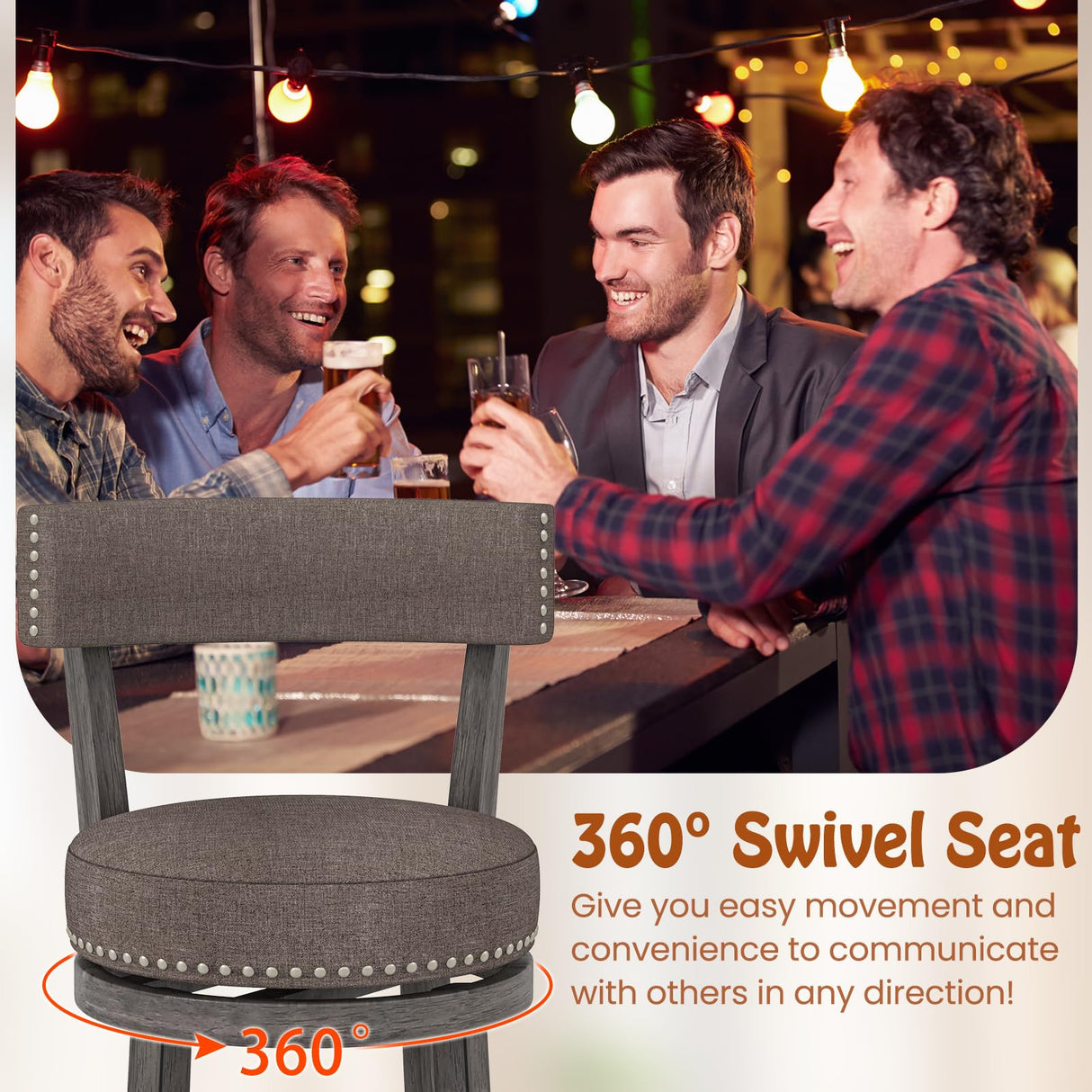 COSTWAY Bar Stools Set of 4, Upholstered Farmhouse Bar stools with Cushioned Seat & Backrest, Solid Wood Legs, Footrest, 26” Counter Height Swivel Stools for Kitchen Island, Pub (4, 26'' Seat Height) COSTWAY