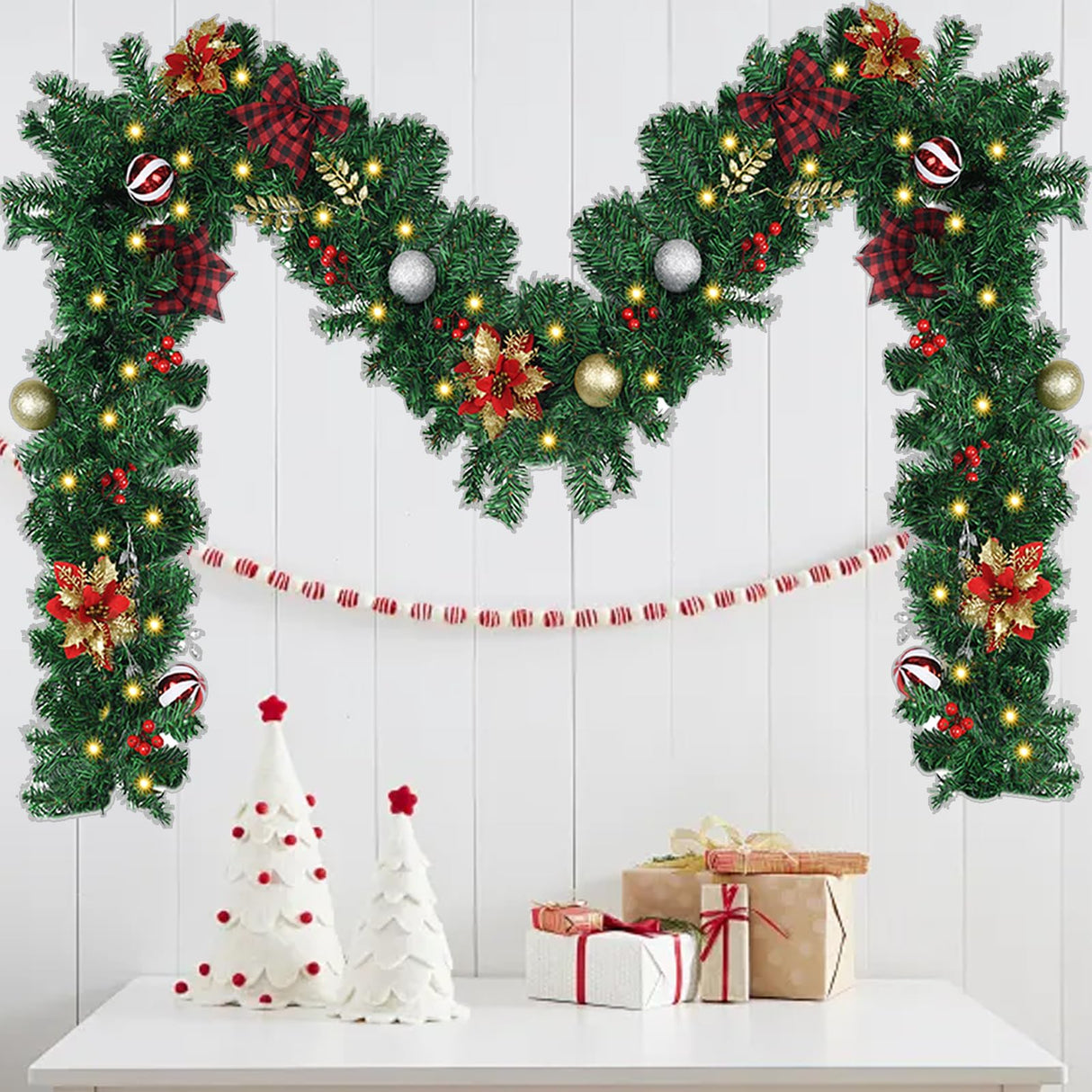 9FT Christmas Garland with Lights, Pre-Lit Garlands for Christmas Decoration with 60 LED Lights, Berries, Bows, Ball, Flower, Leaves, Battery Operated Indoor & Outdoor Christmas Decor PROSWIFT