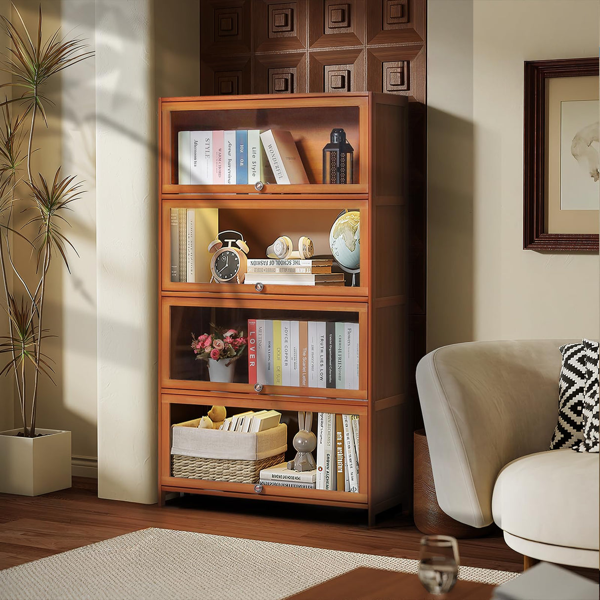 SFIHOME 55" H Bamboo Bookcase with Acrylic Doors, 4 Tier Free Standing Tall Book Shelf Storage Cabinet, Corner Bookshelf Display Organizer Save Space for Living Room Office Home, Brown SFIHOME