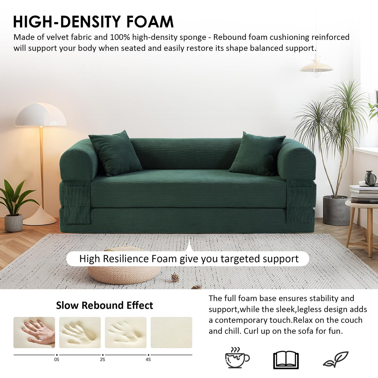 80" Convertible Sofa Bed, 3-in-1 Corduroy Folding Pull Out Couch with Pillows, No Assembly Modern Boneless Couch Compression Sofa in Box, Floor Sofa with Side Storage Pocket for Living Room,Dark Green Zyerch
