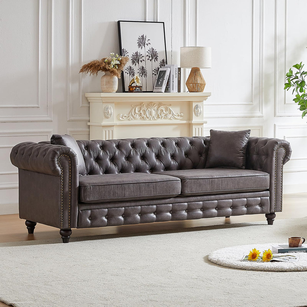 Mid Century Modern Couch, 85.5"W High-tech Fabric Button Tufted Oversized Loveseat Sofa with Nailhead Trim & Roll Armrests, Deep Seat Comfy Chesterfield Sofa for Living Room, Office(3 Seater, Grey) JEEOHEY