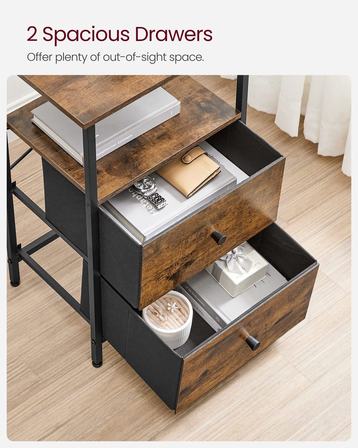 VASAGLE Nightstand, 24-Inch Tall Side Table with 2 Fabric Drawers and Storage Shelf, for Bedroom, Rustic Brown and Black ULGS025B01 VASAGLE