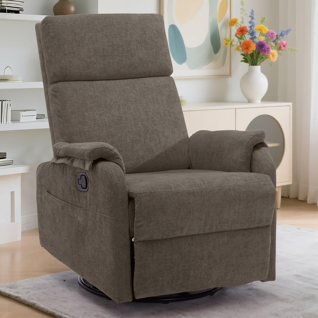 Korser Recliner Chairs, Swivel Rocking Recliner Chair for Adults, Glider Rocking Chair, Small Nursery Recliner for Living Room, Reclining with Modern-Designed Armrests, Chenille, Brown Korser