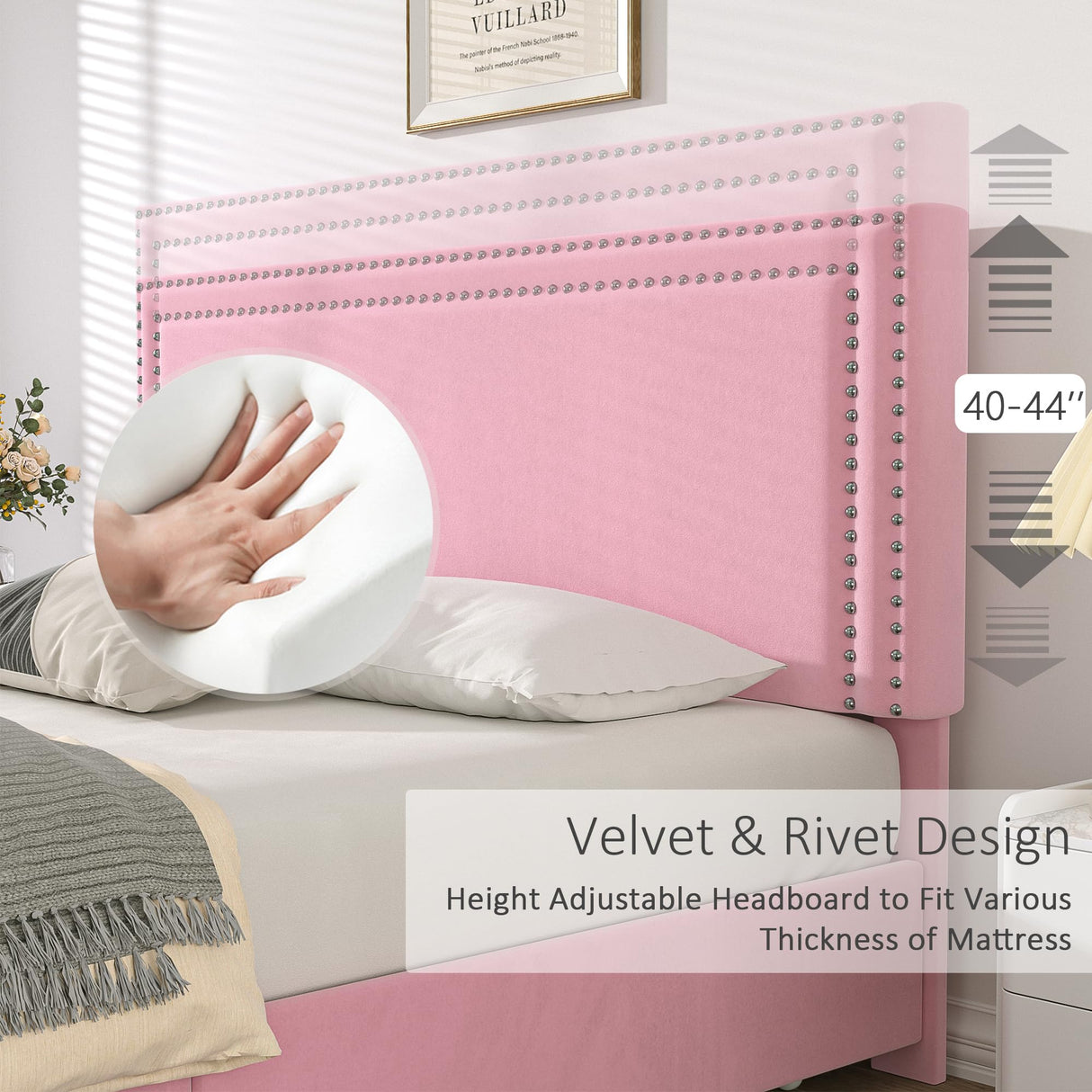 VECELO Queen Size Upholstered Platform Bed Frame with 4 Storage Drawers, Adjustable Velvet Rivets Headboard, Wooden Slats Support, No Box Spring Needed, Easy Assembly VECELO