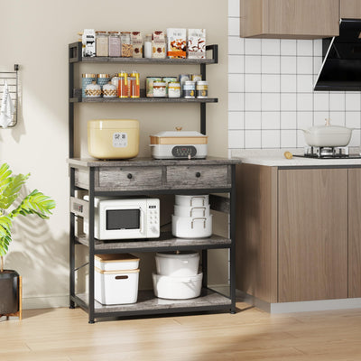 Mexin Bakers Rack with Power Outlets, 5-Tier Microwave Oven Stand with 2 Drawers, Kitchen Stand Coffee Bar Table with Storage, Heavy Duty Kitchen Shelves(Grey)