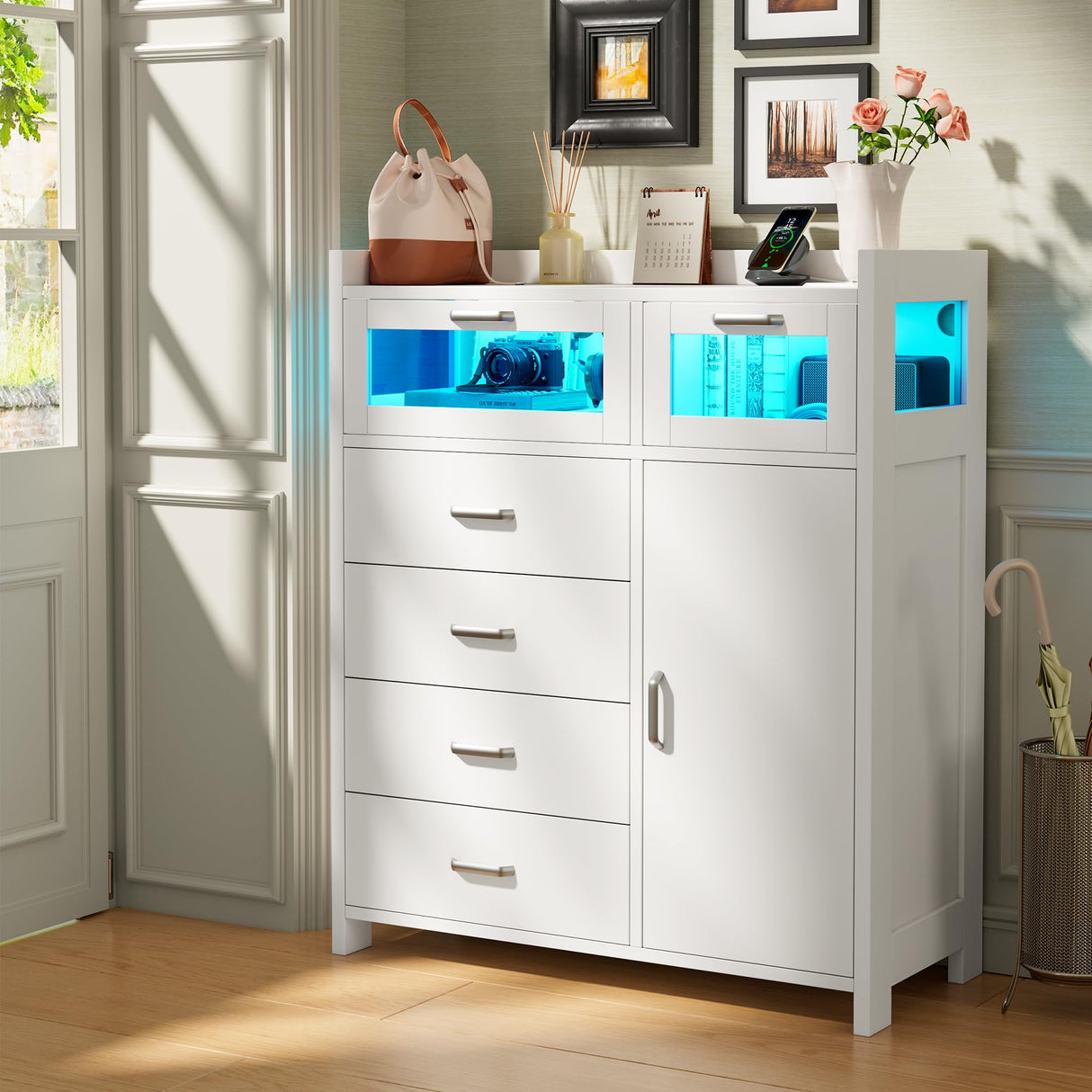 Alohappy 4 Drawers Dresser for Bedroom, Wood Chest of Drawers with Shelves Storage Cabinet, Modern Dresser with LED Lights and Charging Station for Living Room, Closet, Hallway, White Alohappy
