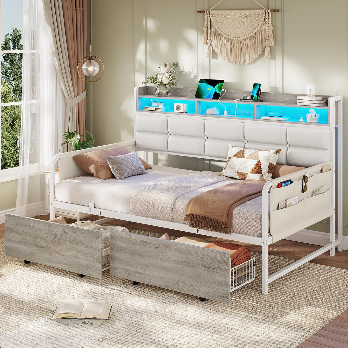 VIAGDO Daybed Twin Size with 2 Storage Drawers and Charging Station, Metal Day Bed Frame Twin with Shelf Headboard and LED Lights, Twin Corner Bed Frame for Living Room, Bedroom, Guest Room, White VIAGDO