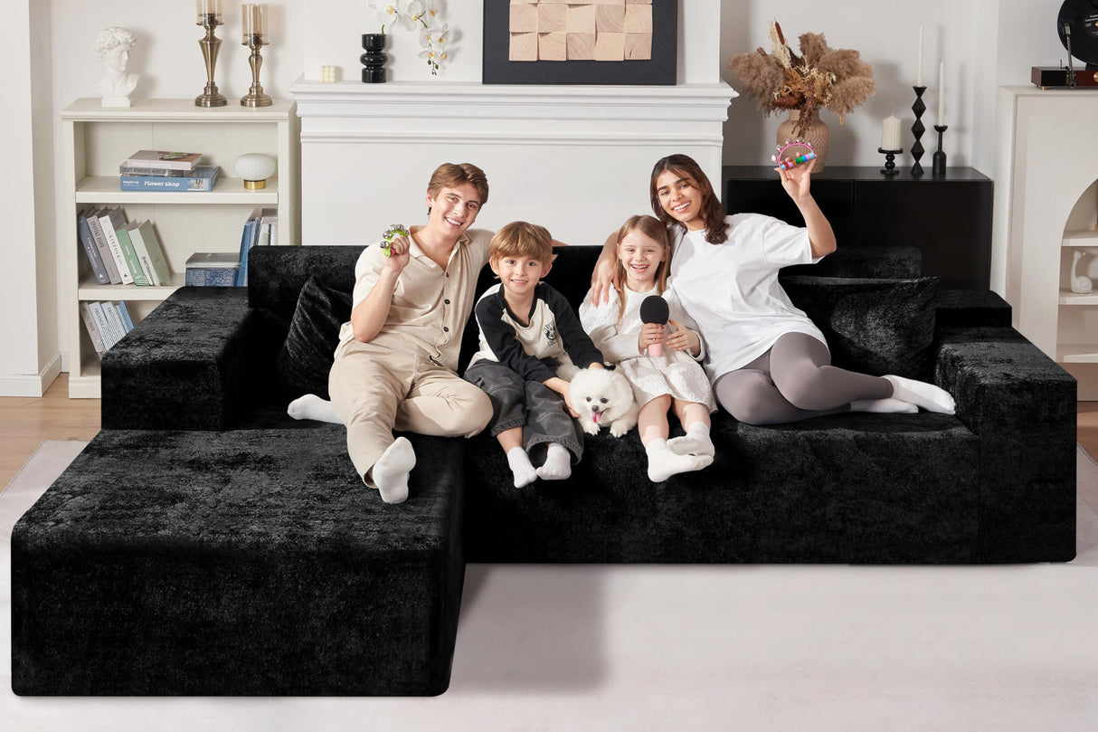 HABUTWAY 105" L-Shape Modular Sectional Sofa Couch for Living Room,No Assembly Required,Modular Comfy Sofa with Deep Seat for Living Room Bedroom,Luxury Distressed Velvet(Left,Black) HABUTWAY