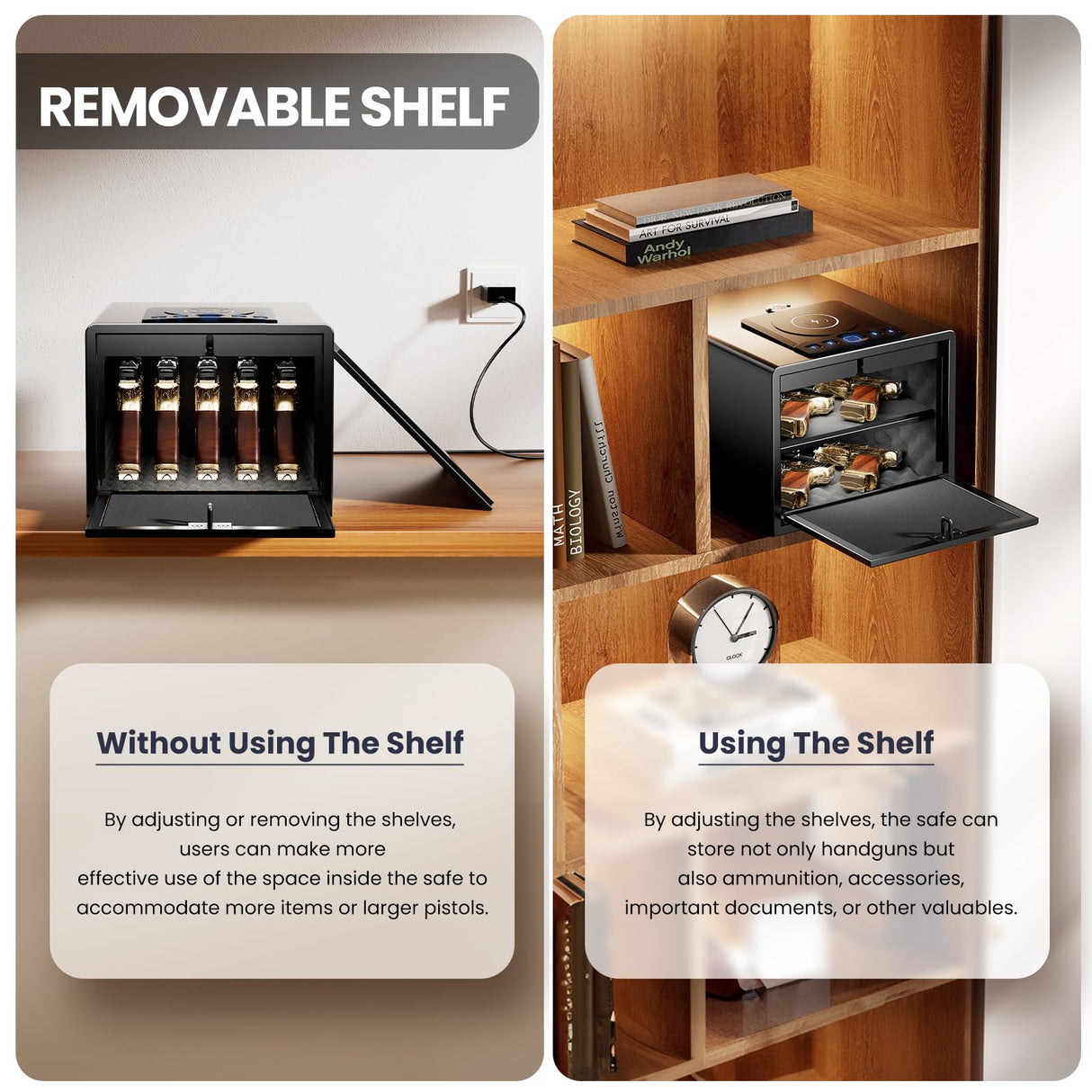 Grimtron Biometric Gun Safe for Handgun with Wireless Charging,Pistol Safe Quick Access Auto Open, Silent Mode and Adapter Nightstand Pistol-Safe up to 4 pstols (Black) Grimtron