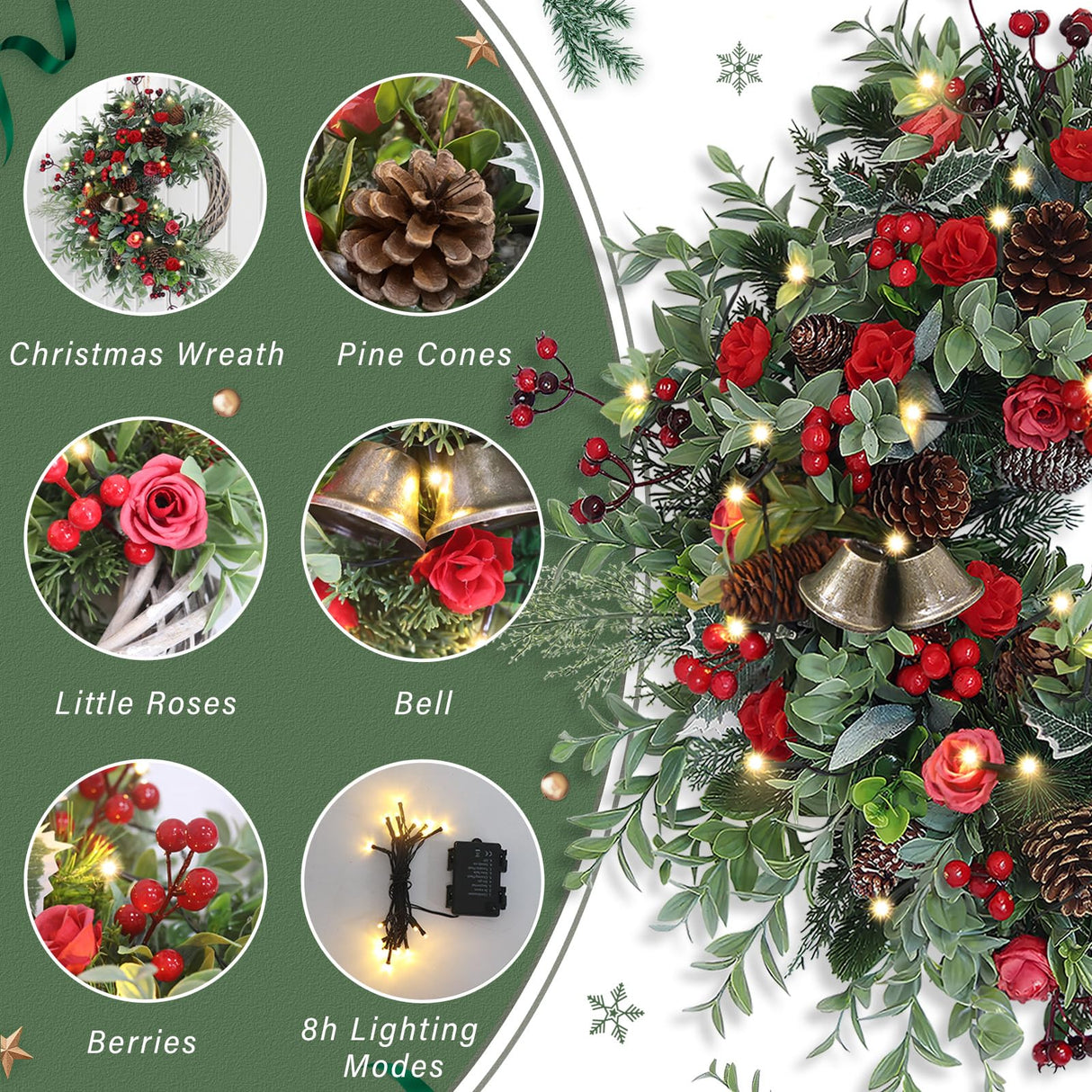 Christmas Wreath for Front Door, Artificial Door Wreaths with LED Lights Bells Berries & Pinecones Christmas Decorations, Xmas Wreaths for Wall Window Fireplace Holiday Home Decor Anhity