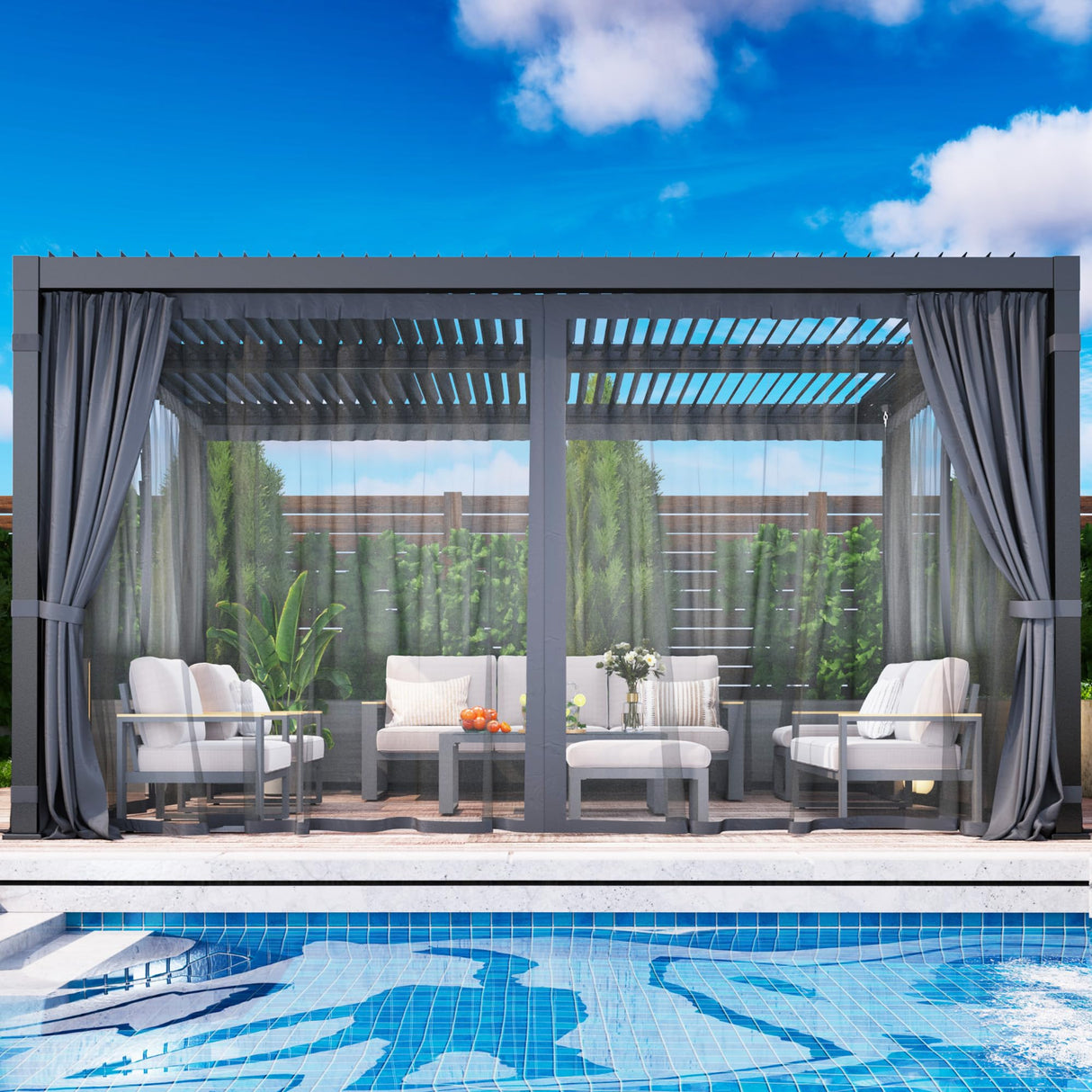 Louvered Pergola 12'x 16' with Curtains & Netting, Metal Outdoor Pergola with Adjustable Louvers Roof and Gutter System, Metal Hardtop Gazebo for Patio, Deck, Garden, Yard, Dark Gray FansaFurn