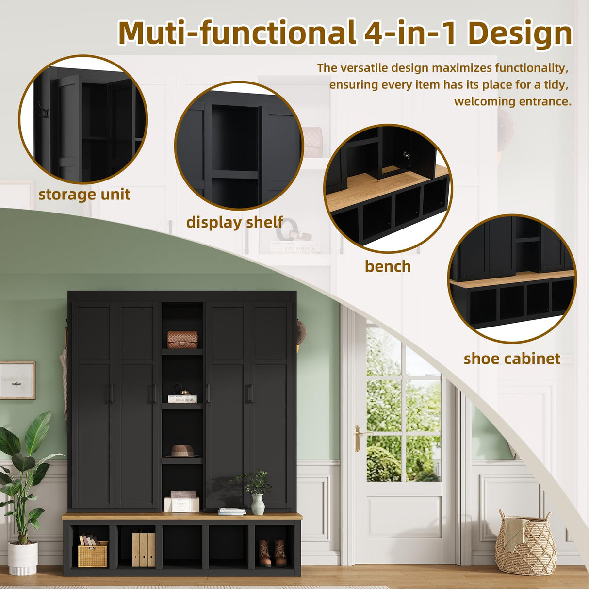 Merax Modern Farmhouse Hall Tree with Bench, 4-in-1 Entryway Storage Cabinet & Shoe Organizer with Hooks, Black Merax