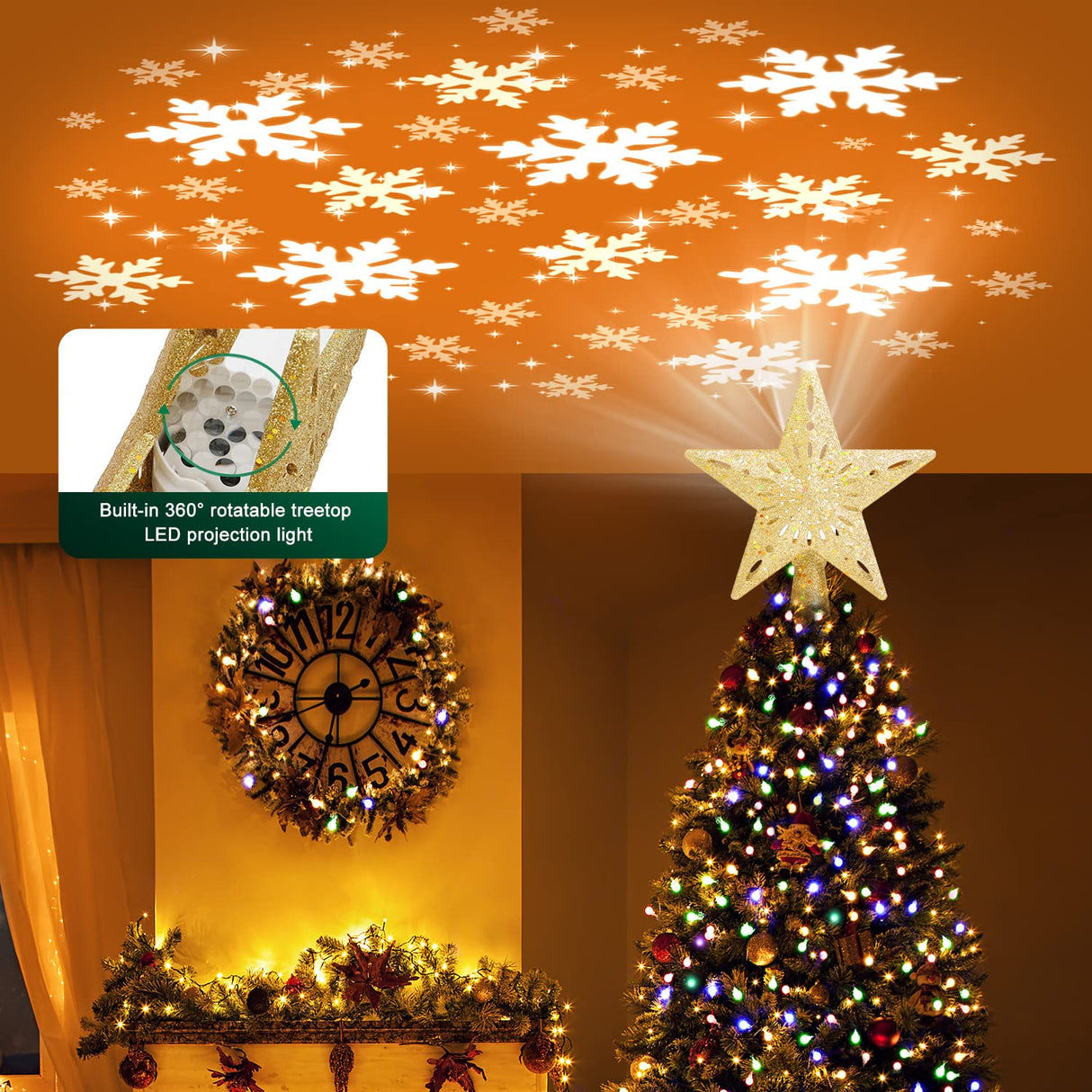 Kesfitt Christmas Tree Topper Golden Lighted with 6 Projection Modes,Christmas Tree Star Built-in LED Rotating Lights, 3D Glitter Dynamic Projection for Xmas Party Holiday Decorations Kesfitt