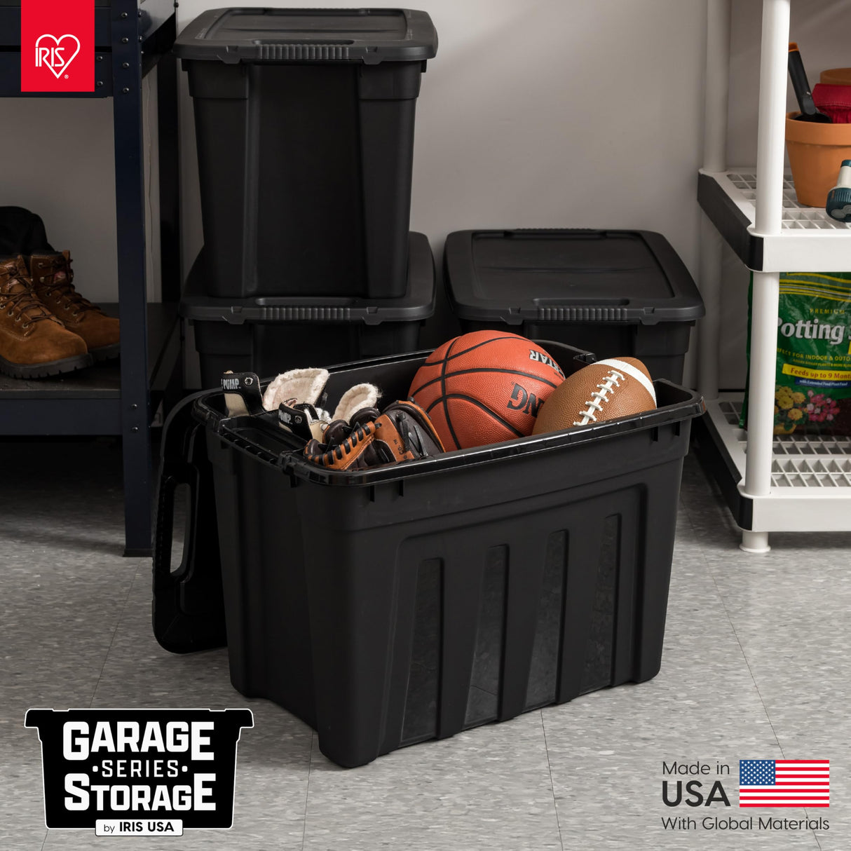 IRIS USA 31 Gallon Heavy Duty Storage Totes with Easy-Grip Handles, 4 Pack - Large Bins with Lids Garage Organizing Tubs, Durable Stackable Utility Containers, Made in USA - Black Iris Ohyama