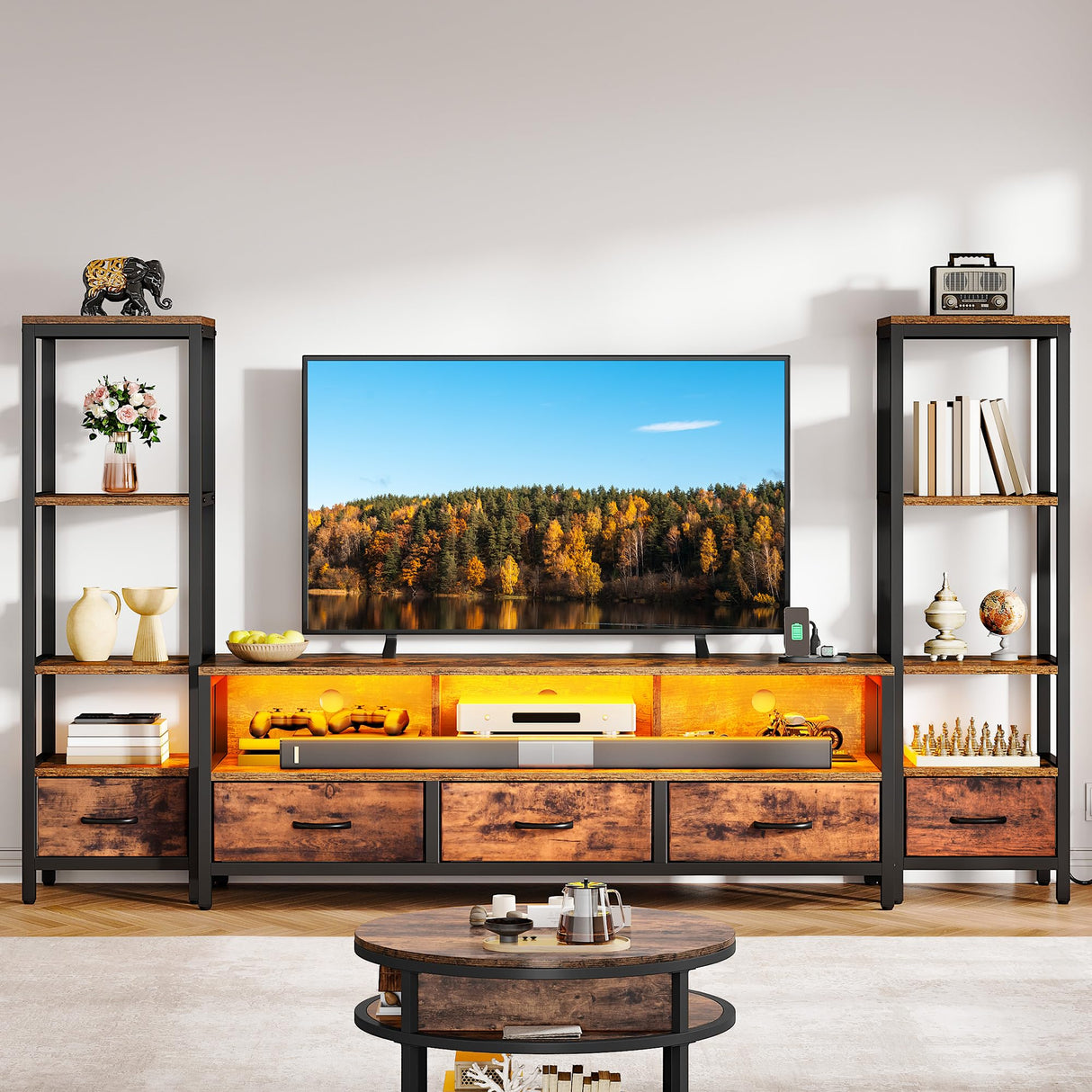 DWVO Entertainment Center with Bookshelves, LED TV Stand for 65/60 inch TV, Retro TV Stand for Living Room with 2 Industrial 4-Tier Bookshelves & Power Outlets,Rustic Brown DWVO