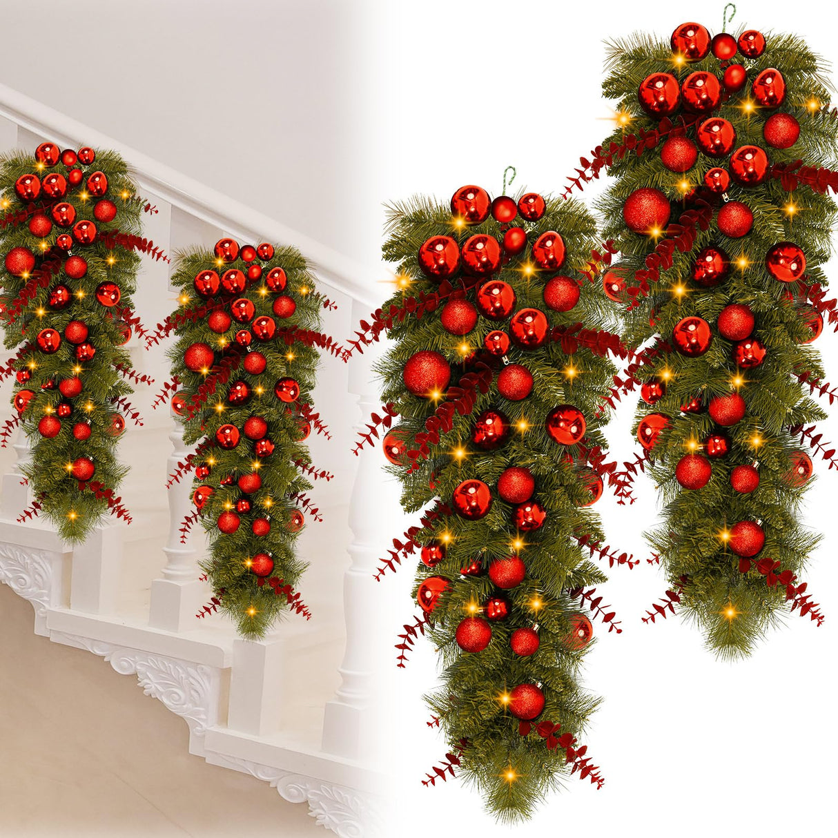 Lineshading 2 Pcs 36'' Pre Lit Artificial Christmas Teardrop Swag Christmas Teardrop LED Prelit Light up Christmas Wreaths Swag Christmas Garland Swag with Red Berries Indoor Outdoor Hanging Decor Lineshading