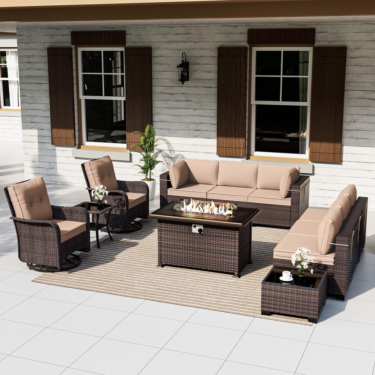 ALAULM 11 Pieces Patio Furniture Set with 2 Swivel Chairs Patio Furniture Outdoor Sectional Sofas with 55000 Gas Fire Pit Patio Conversation Set w/8 Cushions-Sand ALAULM