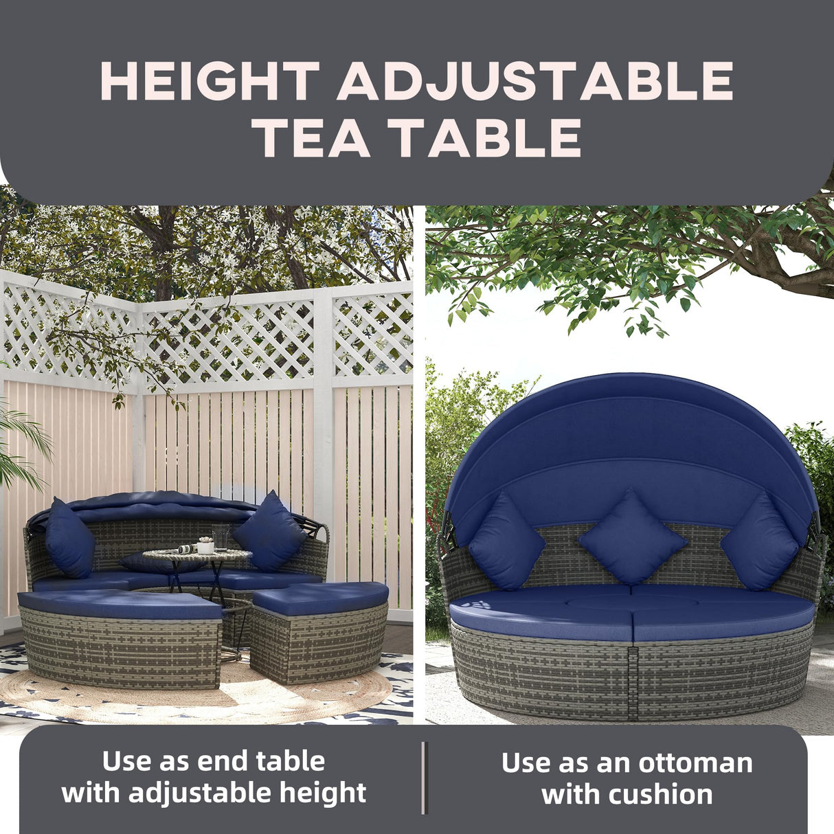 Outsunny 4 Piece Round Rattan Daybed, Convertible Patio Furniture Set, Adjustable Sun Canopy, Sectional Outdoor Sofa, 2 Chairs, Extending Tea Table Ottoman Chair, 3 Pillows, Dark Blue Outsunny