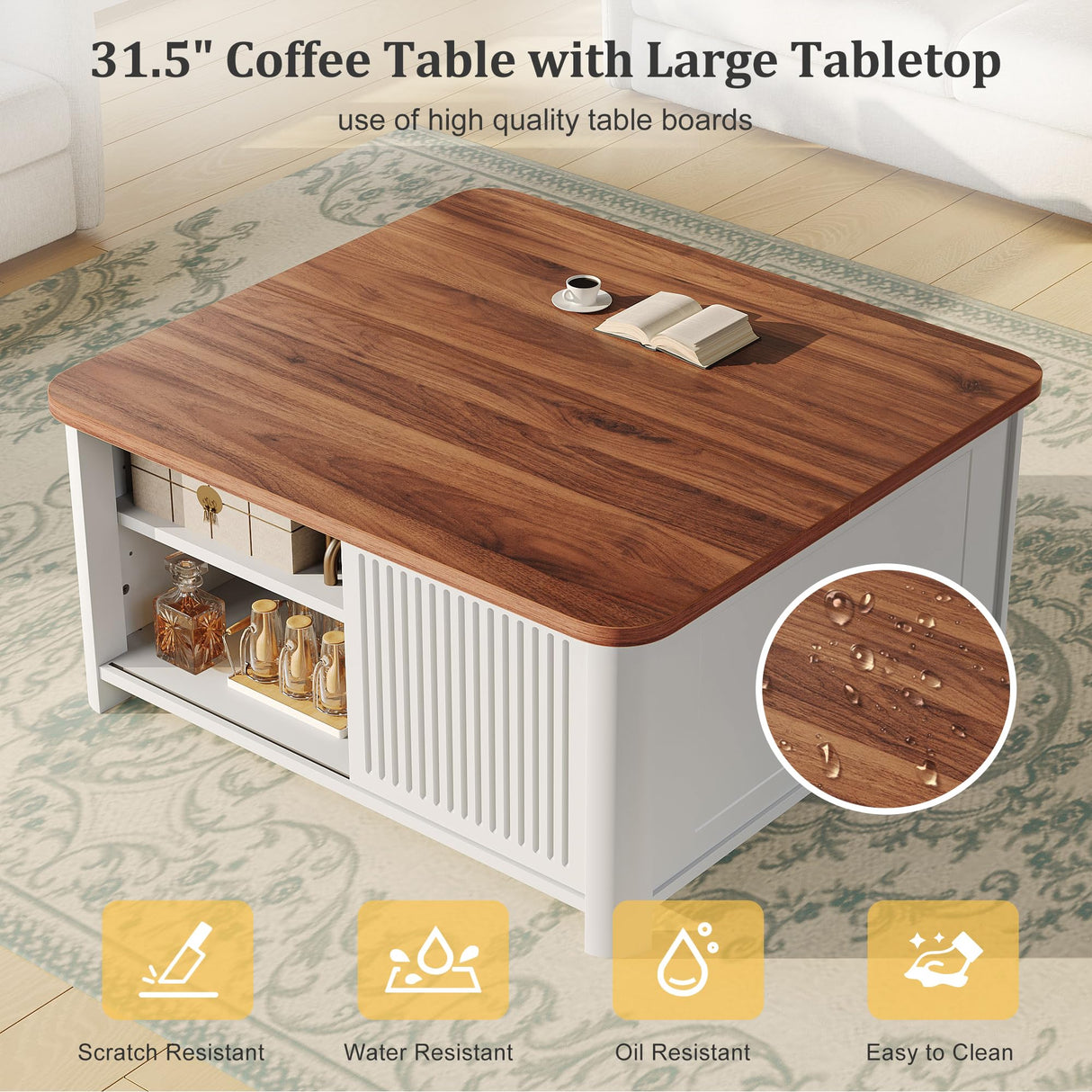 Decofy Lift Top Coffee Table with Storage, 31.5" Mid Century Modern Square Coffee Tables for Living Room, Large Hidden Storage Compartment, Adjustable Shelves & Sliding Door, White Decofy