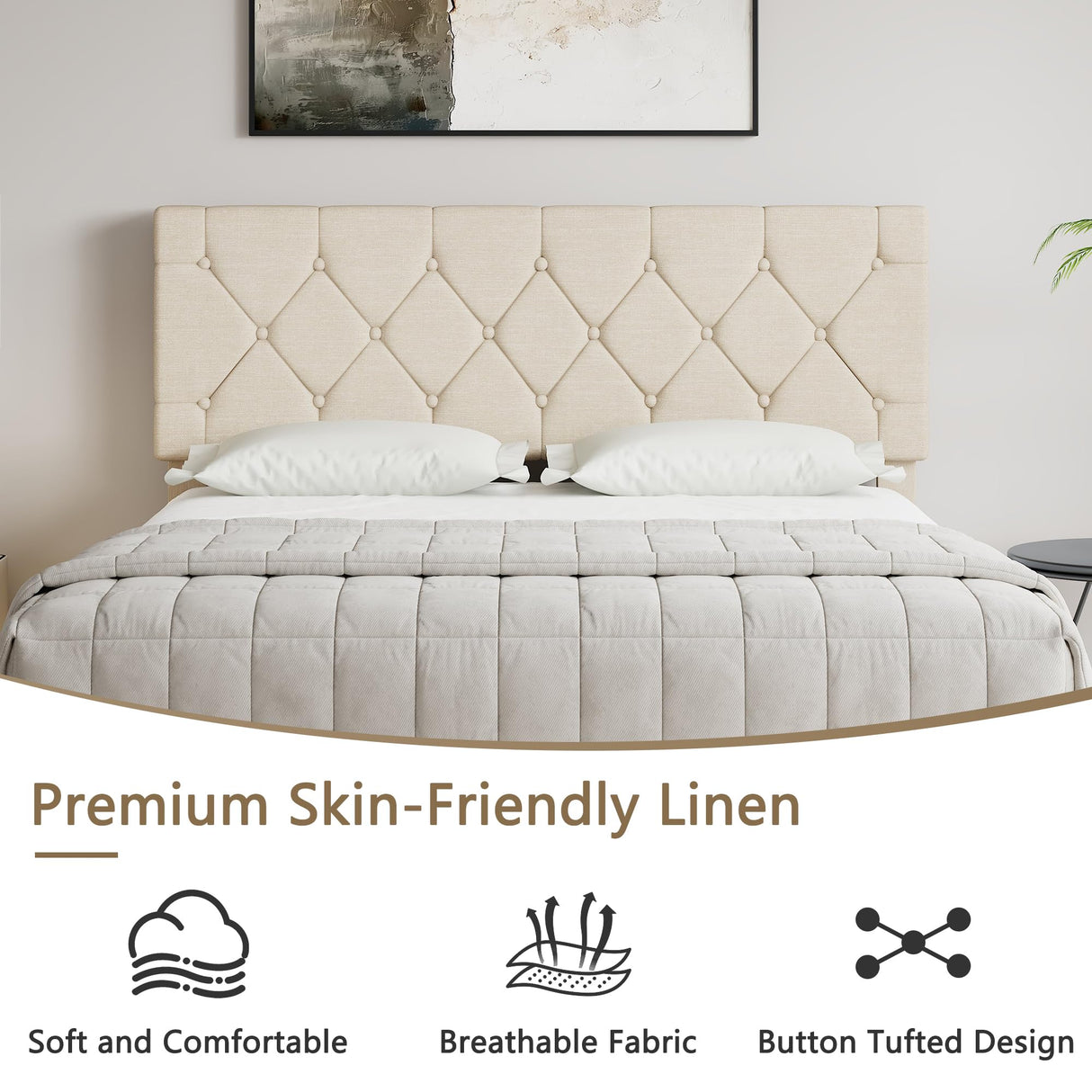 VECELO Full Size Bed Frame with Button Tufted Headboard, Upholstered Platform with Wooden Slat Support, No Box Spring Needed, Beige VECELO