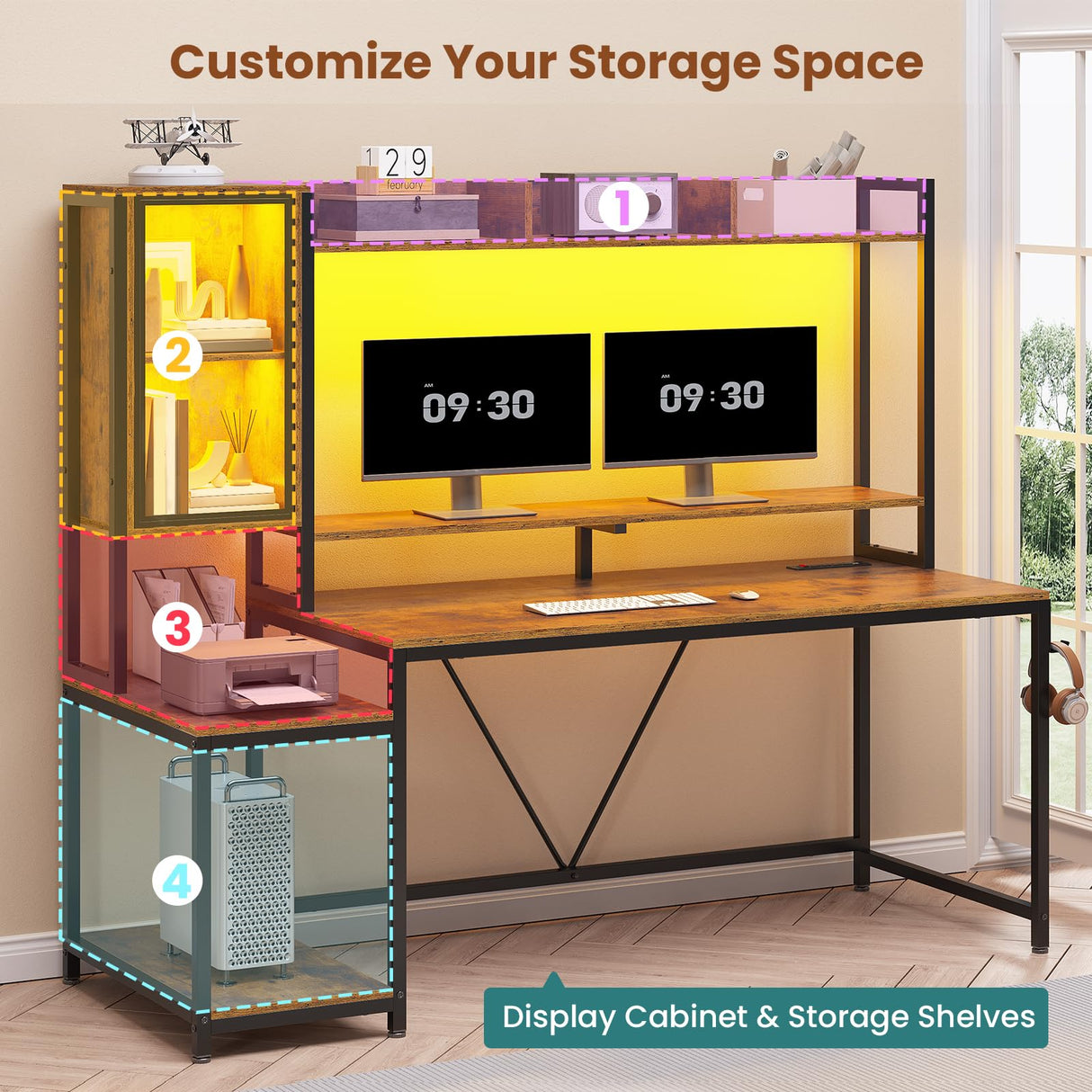 SEDETA Gaming Desk, 60'' Gaming Desk with Hutch and LED Lights, Computer Desk with Storage Shelves, Large PC Gamer Desk with Display Cabinet, Monitor Stand, Power Outlet for Home Office, Rustic Brown SEDETA