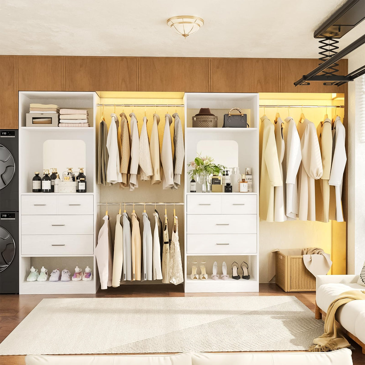 Unikito Closet Systems, 6-14FT Walk in Closet Organizer with 8 Drawers and Mirror, 168" Large Wood Closets Insert with Tower, Sturdy Wardrobe Closets Garment Rack with Extendable Hanging Rods, White Unikito