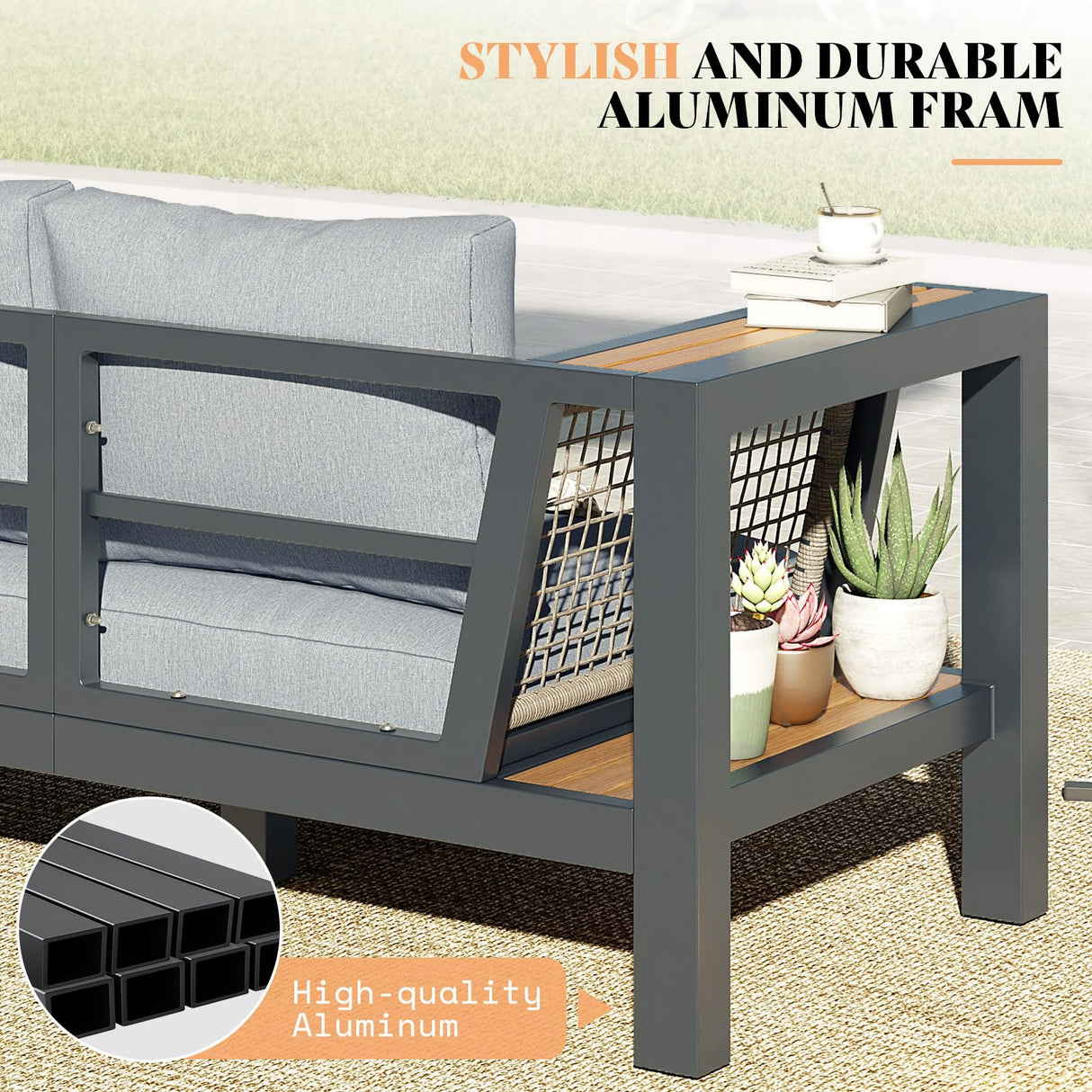 LUXOAK Outdoor Aluminum Patio Sofa, Modern 3-Seater Tool-Free Assembly Couch with Side Table Armrest, Deep Seating with Thick Cushions, Weatherproof Backyard Furniture for Porch, Balcony, Deck LUXOAK