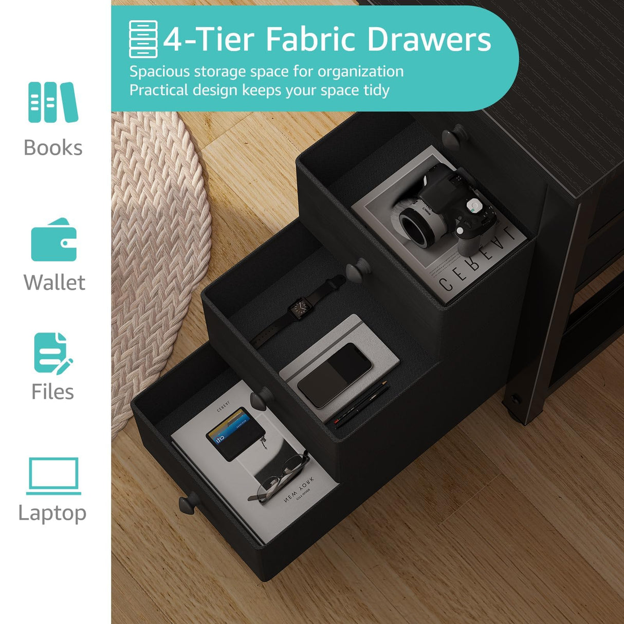 Lufeiya Gaming Desk with 4 Fabric Drawers & Storage Shelves, 55 inch Computer Writing Work Study Desk for Home Office Bedroom, Modern Simple Student PC Desks Table, Black Lufeiya