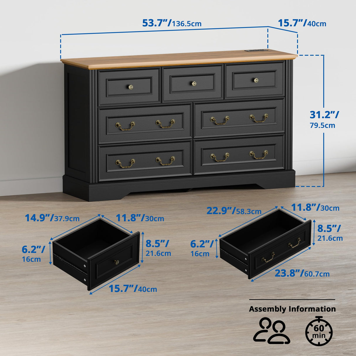 Cozy Castle 7 Drawer Dresser, Farmhouse Chest of Drawers for Bedroom, 54" Wide Dresser with Retro Metal Handles, Wood Drawer Organizer TV Stand for Living Room, Hallway (Black) Cozy Castle