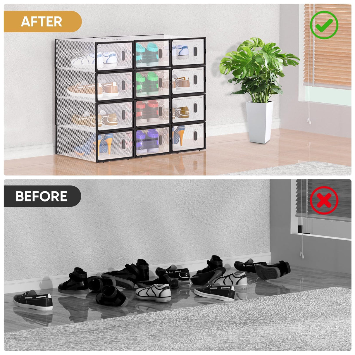 BALEINE 12 Pack Stackable Shoe Storage Boxes Fit Size 9, Thickened Clear Shoe Box Bins with Lids, Plastic Foldable Organizer Sneaker Storage Containers (Large, Black) BALEINE