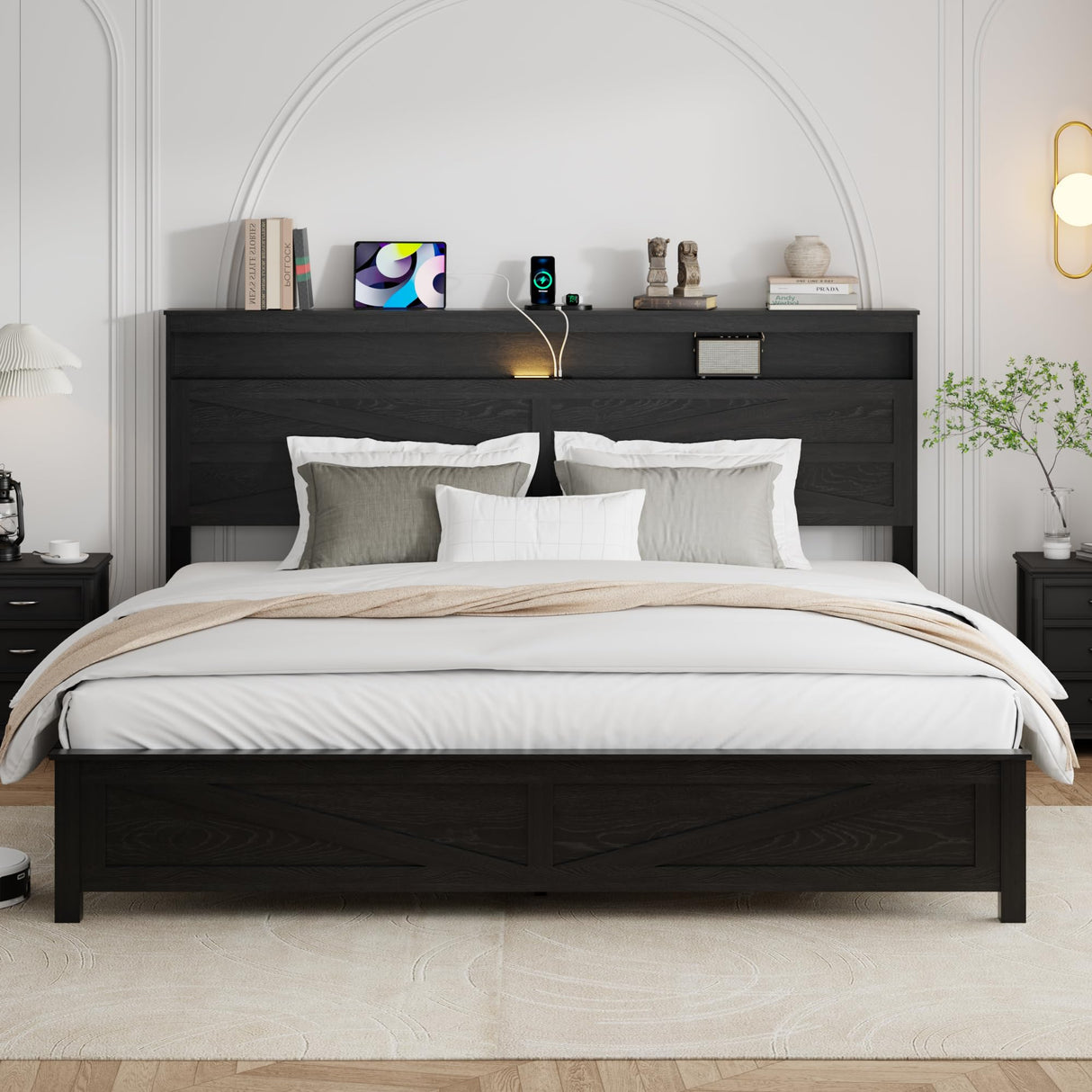 PAUKIN King Size Bed Frame with Headboard, Rustic Farmhouse Wood Bed Frame with LED Lights and Charging Station, Easy Assembly, No Box Spring Needed (Black, King) PAUKIN