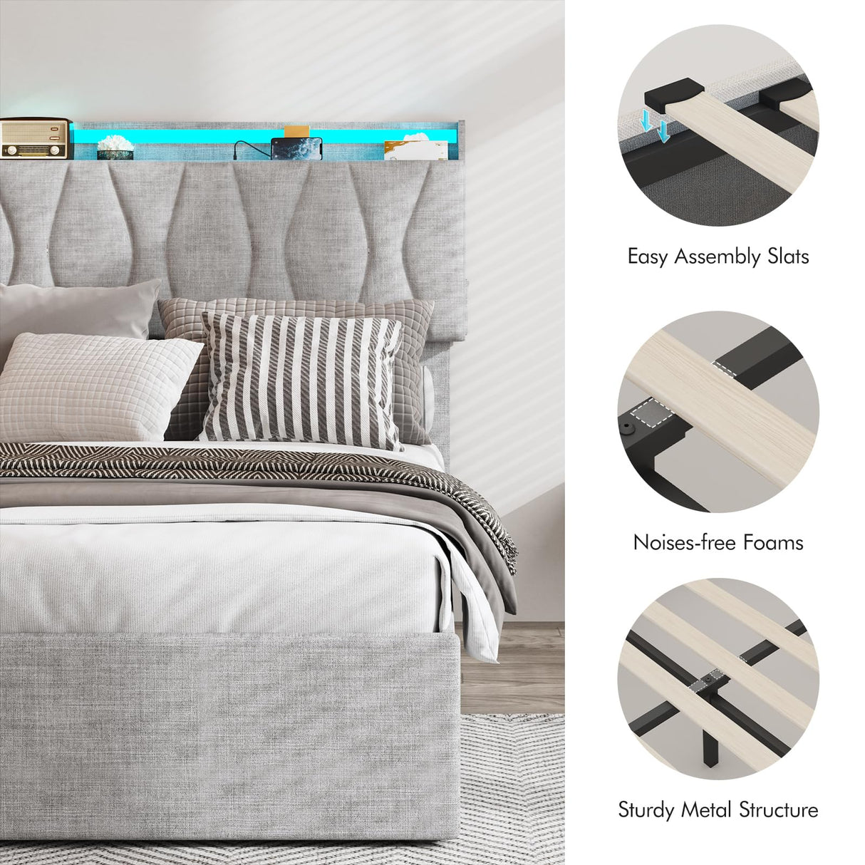 Twin Size Lift Up Storage Bed Frame with Adjustable Headboard, Charging Station, LED Lights, Wood Slats, Noise-Free, No Box Spring Needed, Light Grey Fameill