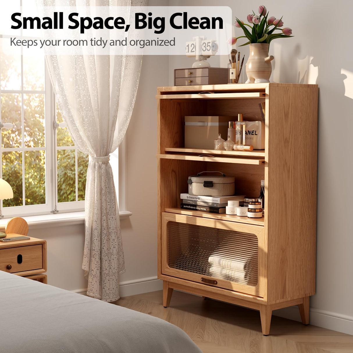 AQIMUELE Solid Wood Bookcase with Glass Doors, 3 Shelf Bookshelves and Bookcases, Mid Century Modern Bookshelf with Glass Doors, Kitchen Pantry Cabinet (Natural, 31.5" W) AQIMUELE