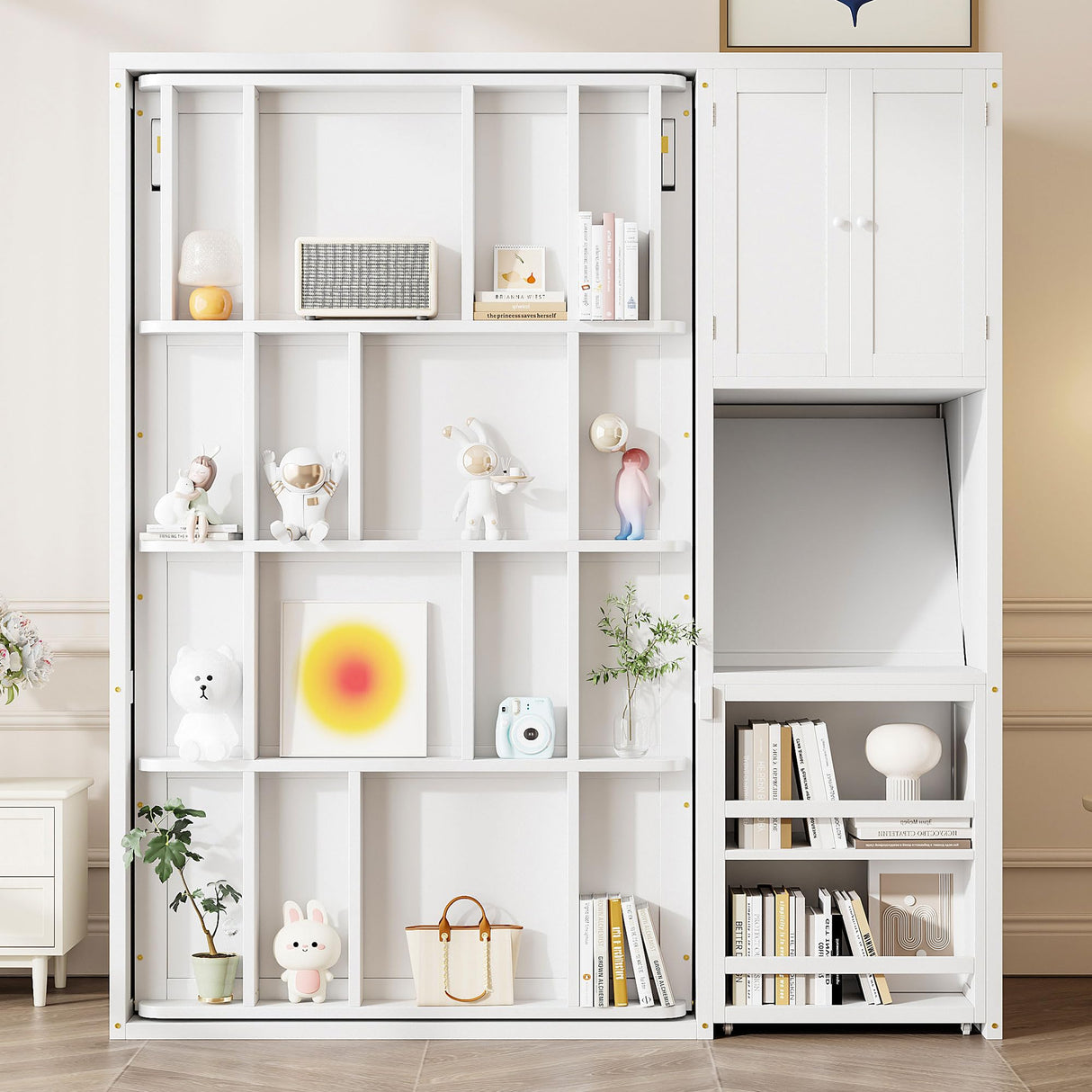 Merax Twin Size Rotating Wall Murphy Beds, Wood Folding Murphy Wall Bed with Bookshelf, Top Cabinet, Extendable Desk & Side Storage, White Merax