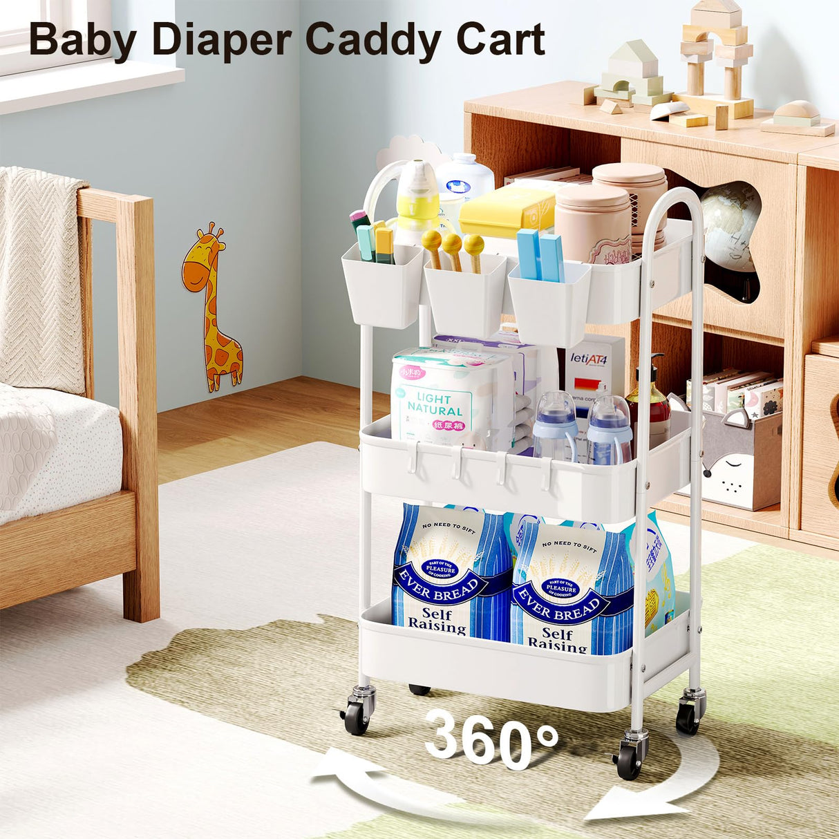 3 Tier Heavy Duty White Metal Rolling Cart with Lockable Wheels, Three Tier Roller Book Snack Cart, Utility Storage Organizer Carts for Kitchen, Bathroom, Garage, Baby Diaper, Craft, Art, Teacher Recximi