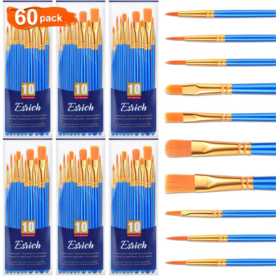ESRICH Acrylic Brush Set, 6Packs/ 60Pcs Nylon Hair Miniature Paint Brushes, for Acrylic Painting, Face, Body and Watercolor Painting Artist Professional Painting Brushes Set, Blue