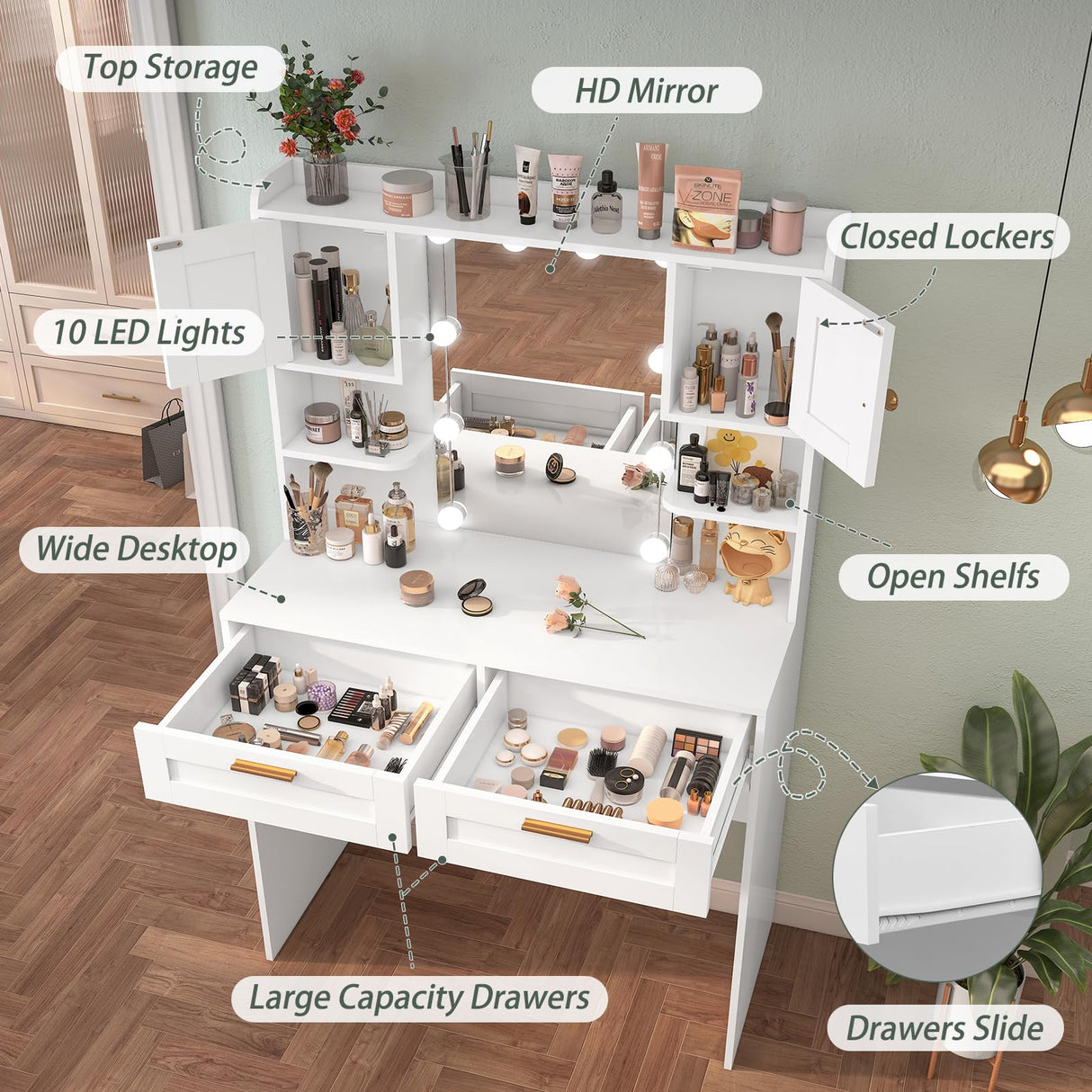 usikey Vanity Desk with Mirror and Lights, Makeup Vanity Table with 2 Drawers, 2 Cabinets & 2 Shelves, Vanity Desk, Vanity Table for Girls Women, Bedroom, White usikey