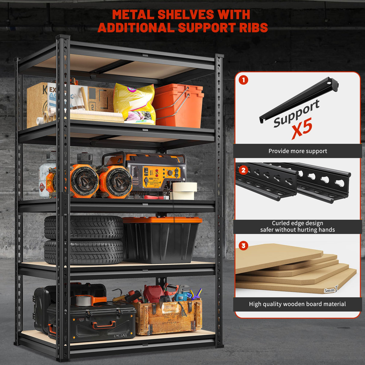 REIBII 2020LBS Storage Shelves Garage Shelving Heavy Duty Metal Shelving 5 Tier Garage Shelves Adjustable Metal Shelf for Kitchen Pantry Basement 27.6" Wx13.8 Dx 60" H, 2 Pack REIBII