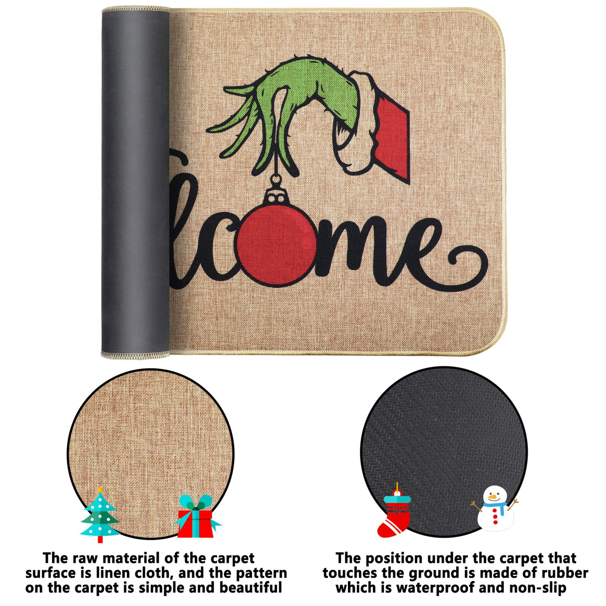 Erweicet Christmas Door Mat Xmas Welcome Christmas Mat Non-Slip and Washable Winter Doormat Rubber Back Snowflakes Door Mat Rugs for Indoor Outdoor(Green Hand Pattern) Erweicet