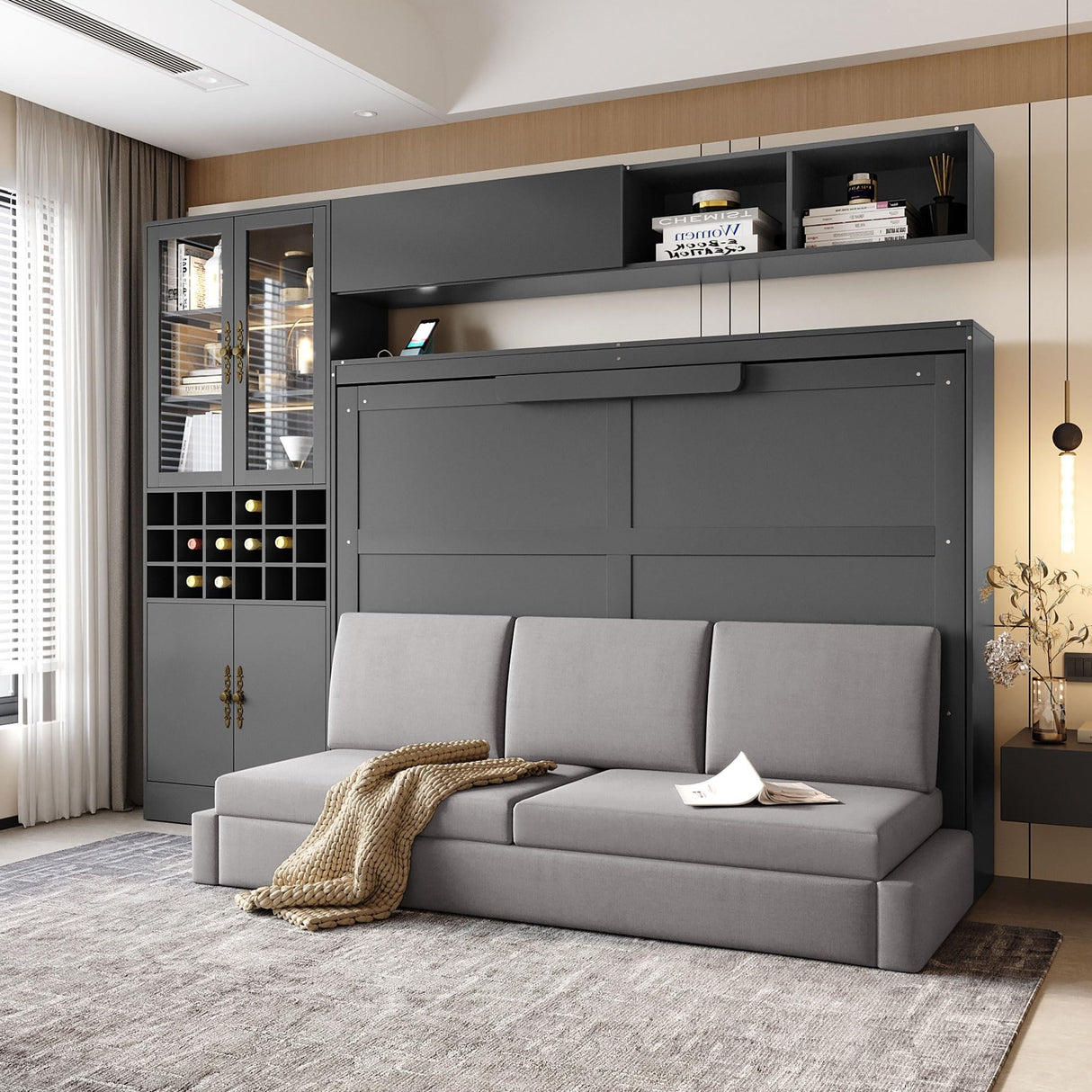 HABITRIO Full Size Murphy Bed, Wall Bed with Sofa, Shelves USB & Light, Gray HABITRIO