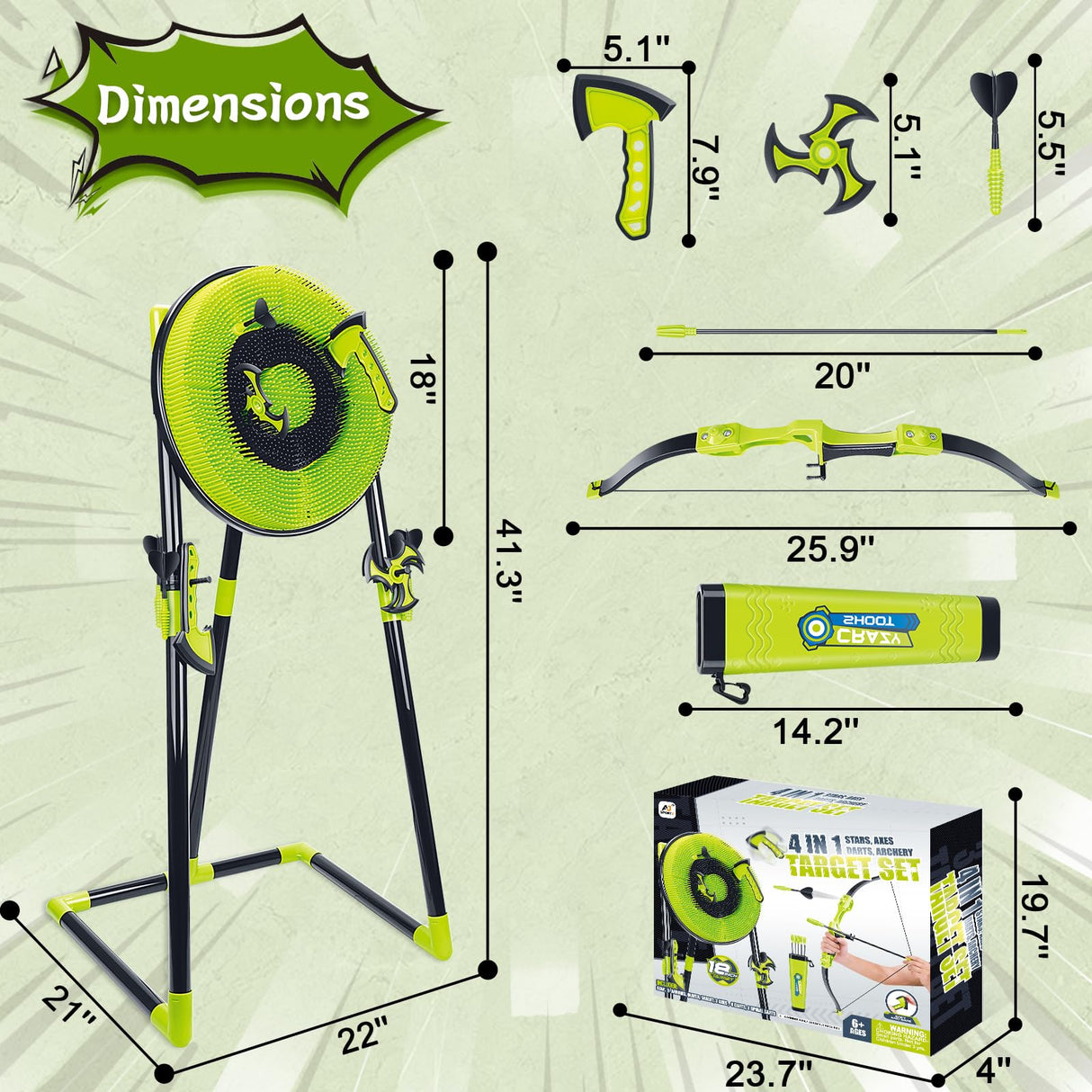 Hitish 4 in 1 Axe Throwing Target Set for Backyard Kids Adults, Includes Bristle Target, Bow & 5 Arrow, 3 Throwing Axes, 3 Ninja Stars, 6 Darts, Safe Plastic for Indoor & Outdoor Hitish
