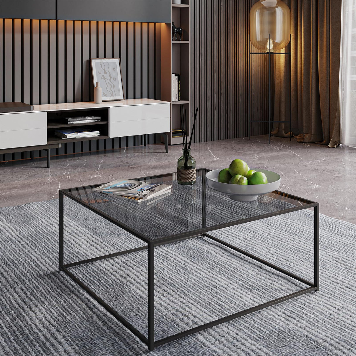 Glass Coffee Tables for Living Room Square Modern Center Table for Small Space,Tempered Glass-top with Sturdy Metal Frame Sofa Side End Table, Easy Assembly,26.4 x 26.4 x 15.7 Inches, Gray Black Easy Paws