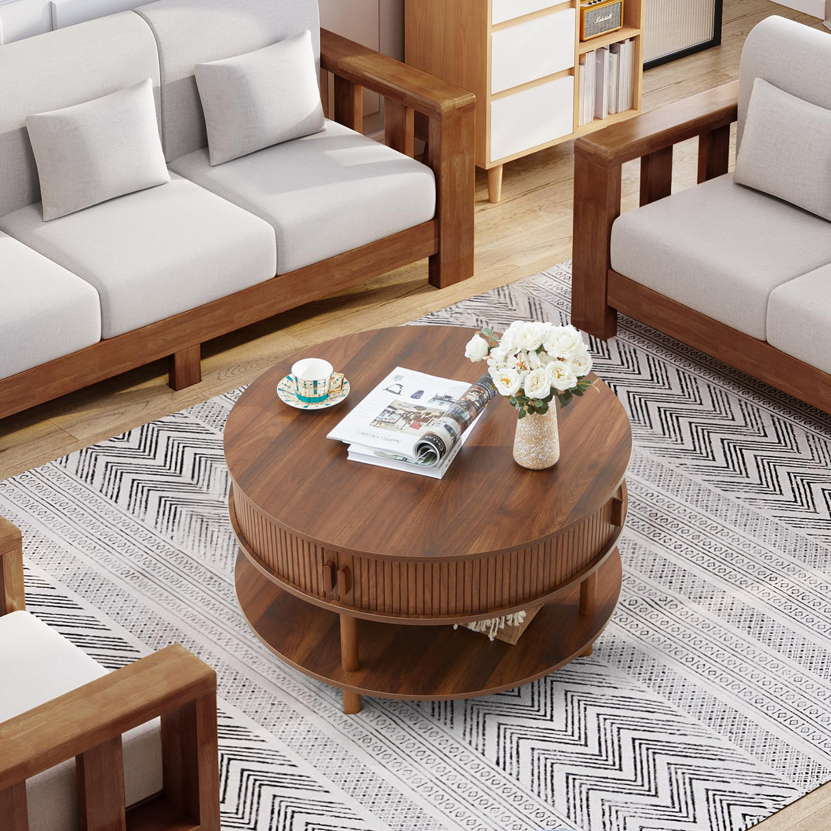 XUZENEST 31.5” Round Coffee Table with Storage, Mid Century Modern 2 Tier Coffee Table with Tambour Sliding Door, Solid Wood Legs Fluted Center Table for Living Room Home Office Small Space, Walnut XUZENEST